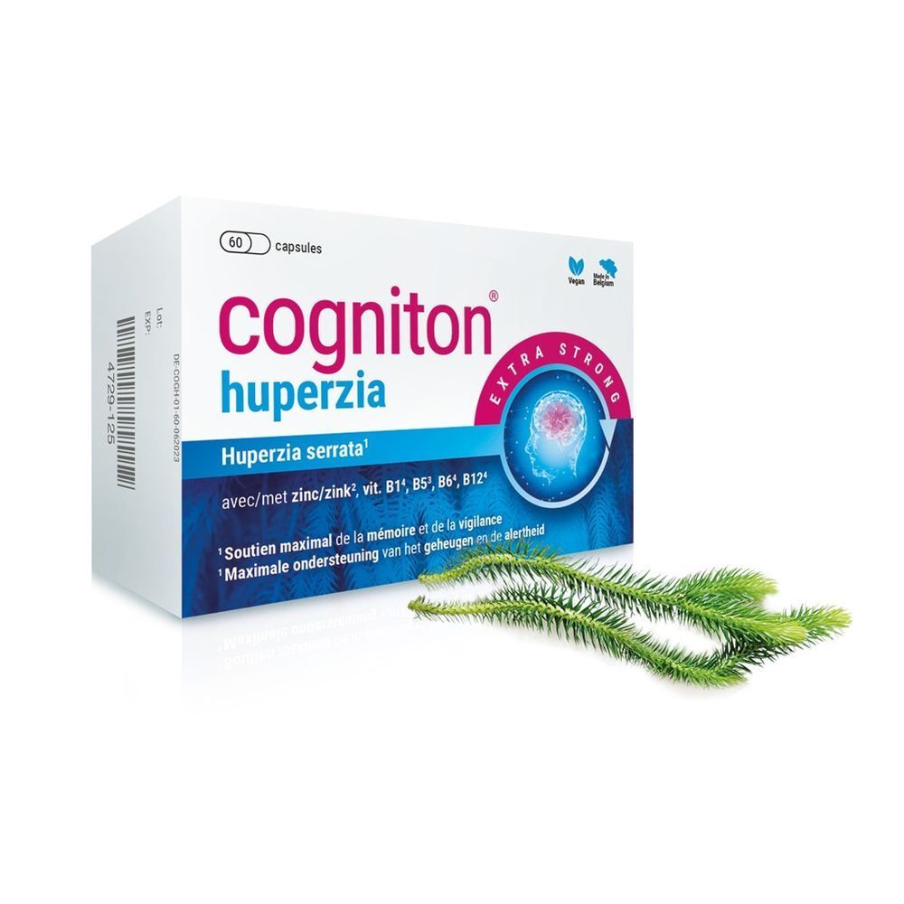 Boîte blanche "Cogniton huperzia" avec 60 capsules. Texte: "Extra Strong". Contient zinc, vitamines. Huperzia serrata.