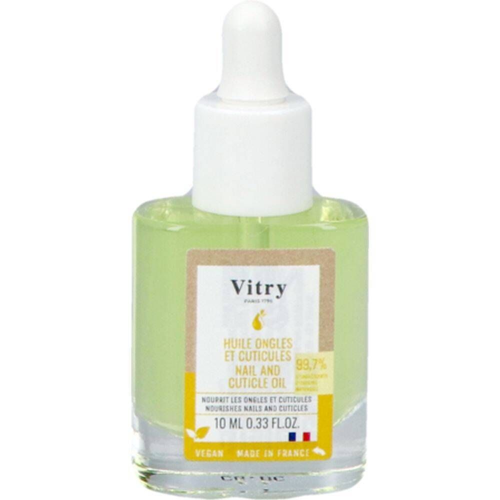 Flacon en verre d'huile pour ongles et cuticules. Bouchon blanc avec pipette. Étiquette avec informations et marque Vitry.