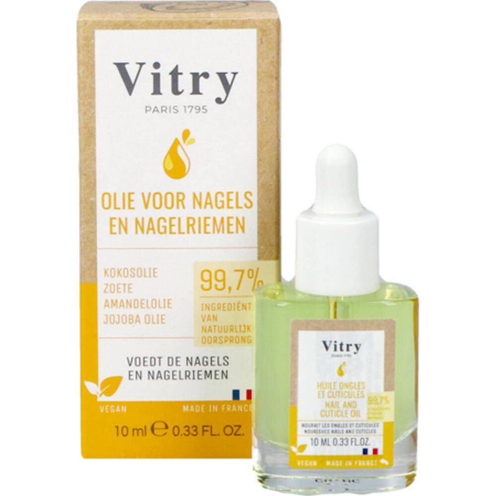 Huile ongles et cuticules avec emballage. Flacon avec pipette et carton. Informations et marque Vitry.