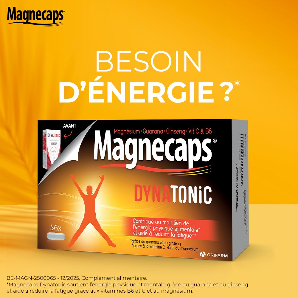 Boîte MAGNECAPS® Dynatonic. Inscription : +33 % GRATUIT. Contient magnésium, guarana, ginseng, Vit C & B6.
