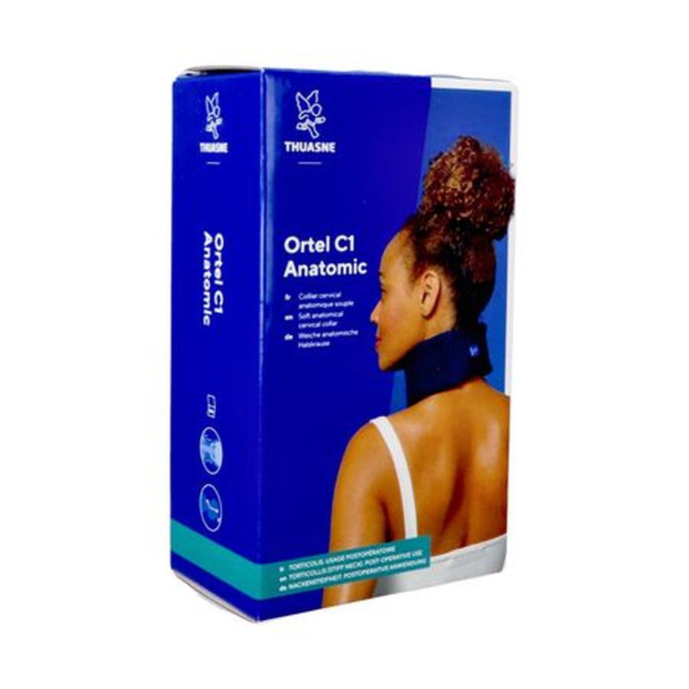 Boîte bleue de collier cervical Ortel C1 Anatomic, THUASNE. Le produit est porté par une personne. Inscription en français et allemand.