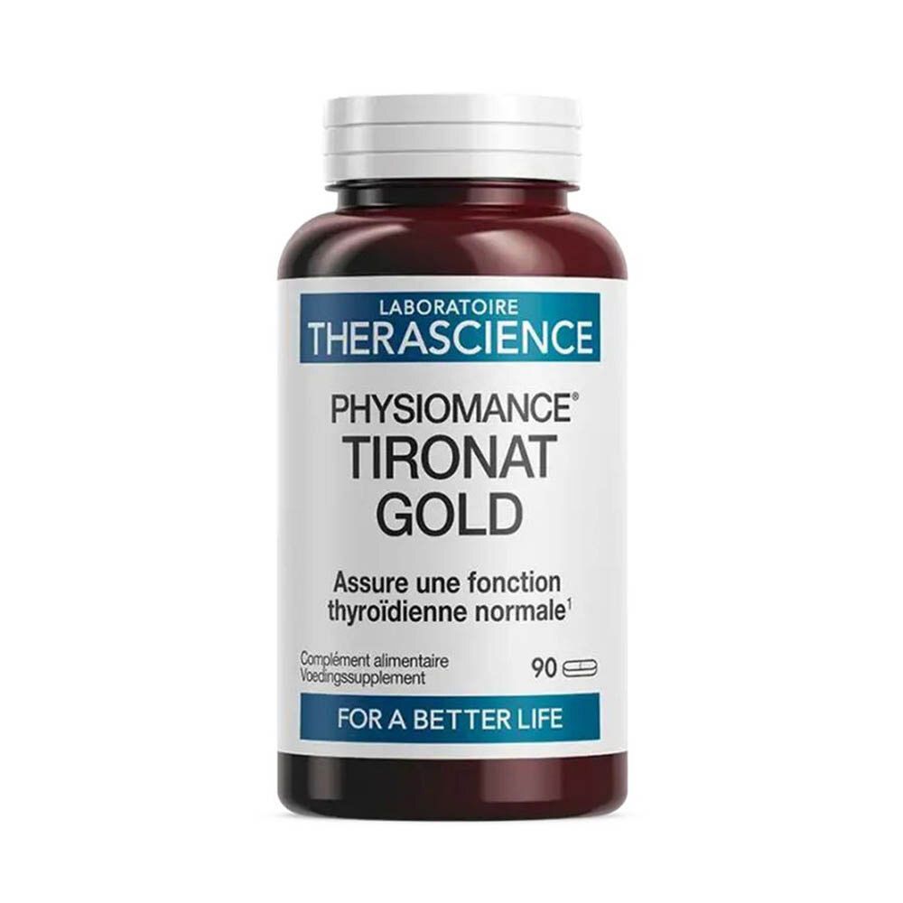 Flacon noir, bouchon blanc. Inscription: Laboratoire Therascience, Physiomance Tironat Gold. 90 comprimés.