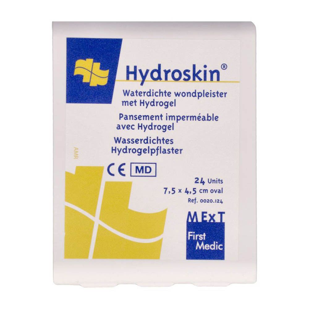 Emballage blanc Hydroskin. Contient 24 pansements ovales 7,5 x 4,5 cm. Marquage CE.