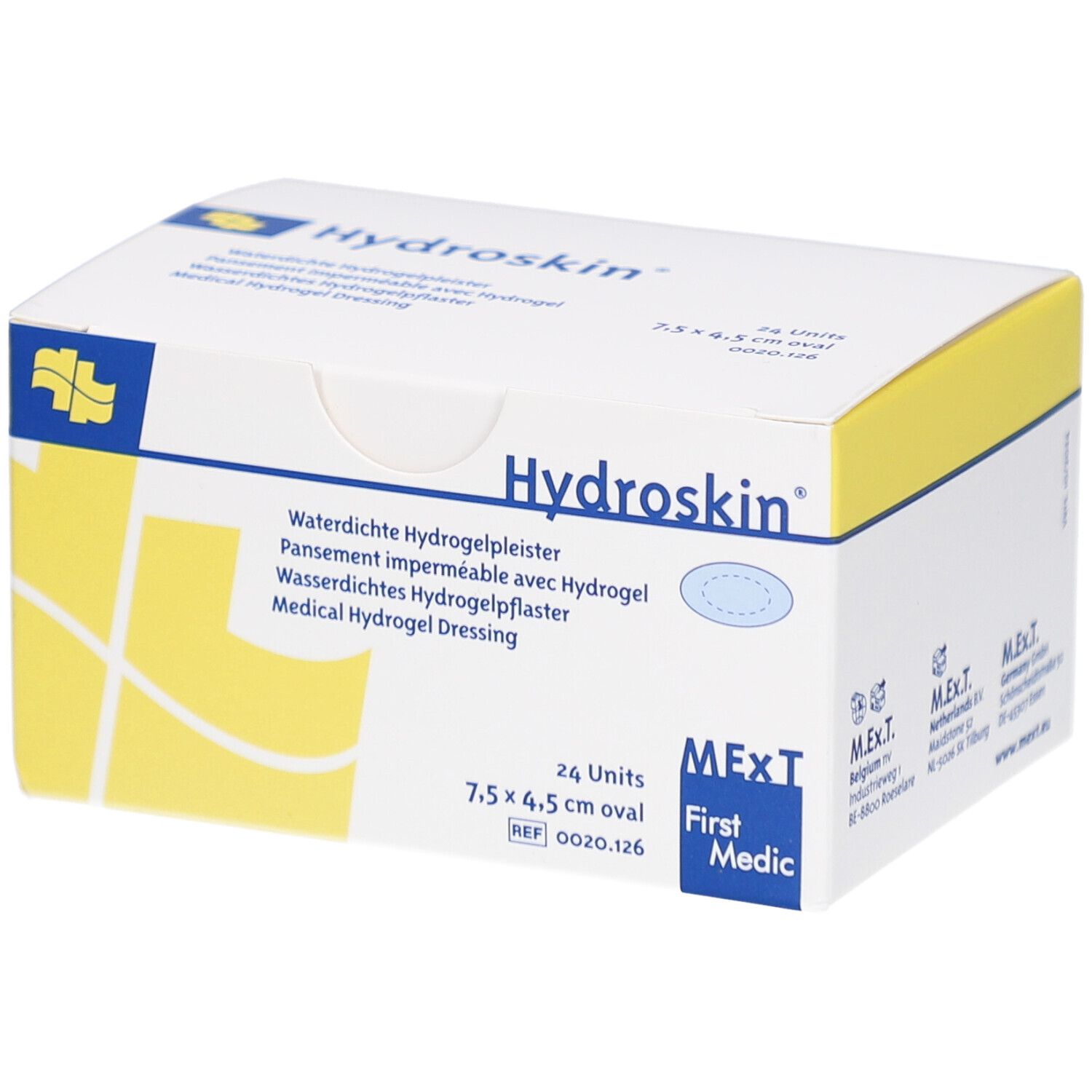 Boîte blanche Hydroskin. Contient 24 pansements ovales 7,5 x 4,5 cm. Inscriptions en plusieurs langues. Marque MExT.
