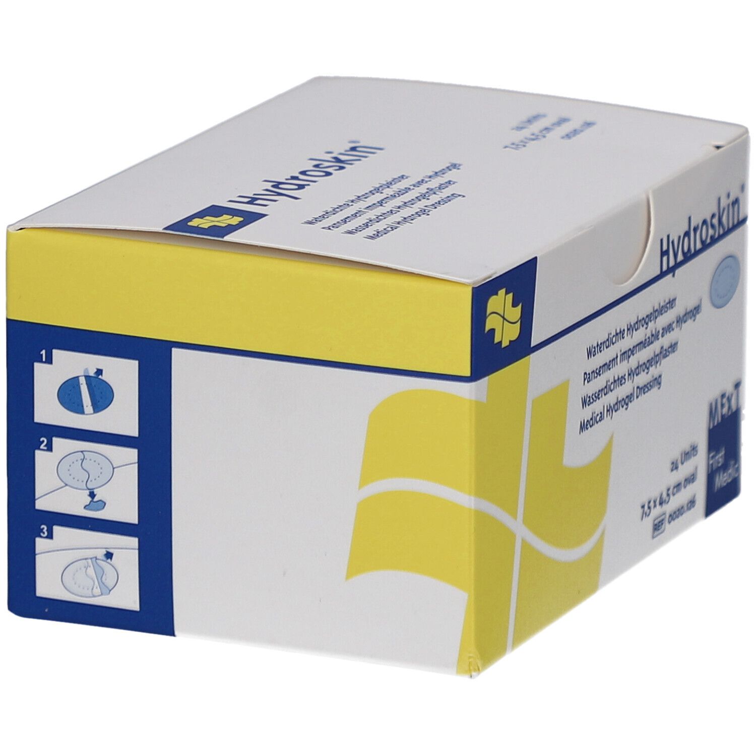 Boîte blanche Hydroskin avec logo et informations. Illustrations d'application. Marque MExT.