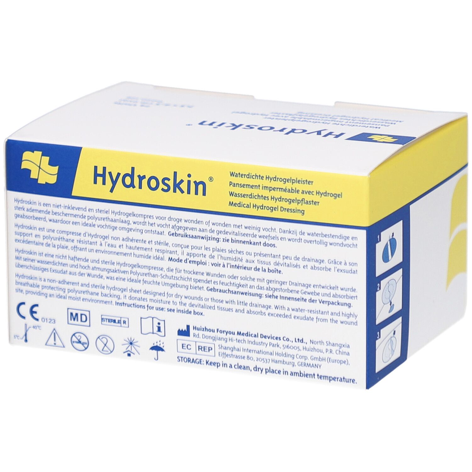 Boîte blanche Hydroskin avec logo et informations. Texte multilingue. Marquage CE.