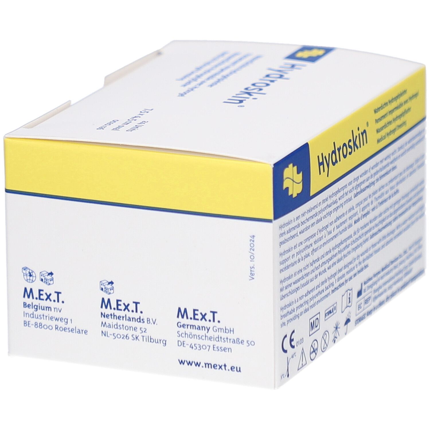 Dos de la boîte blanche Hydroskin. Adresses et coordonnées. Marquage CE.