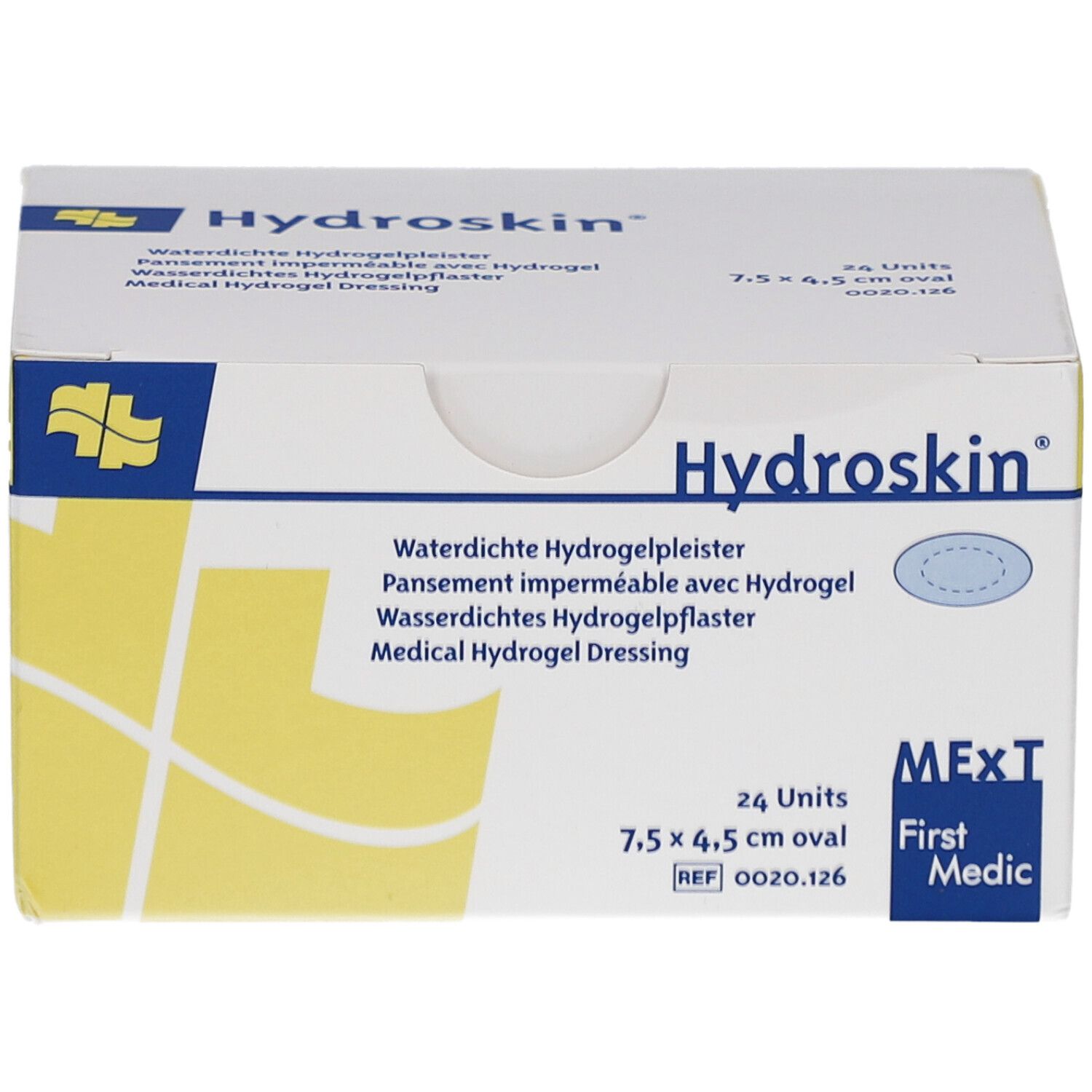 Boîte blanche Hydroskin. Contient 24 pansements ovales 7,5 x 4,5 cm. Inscriptions en plusieurs langues. Marque MExT.