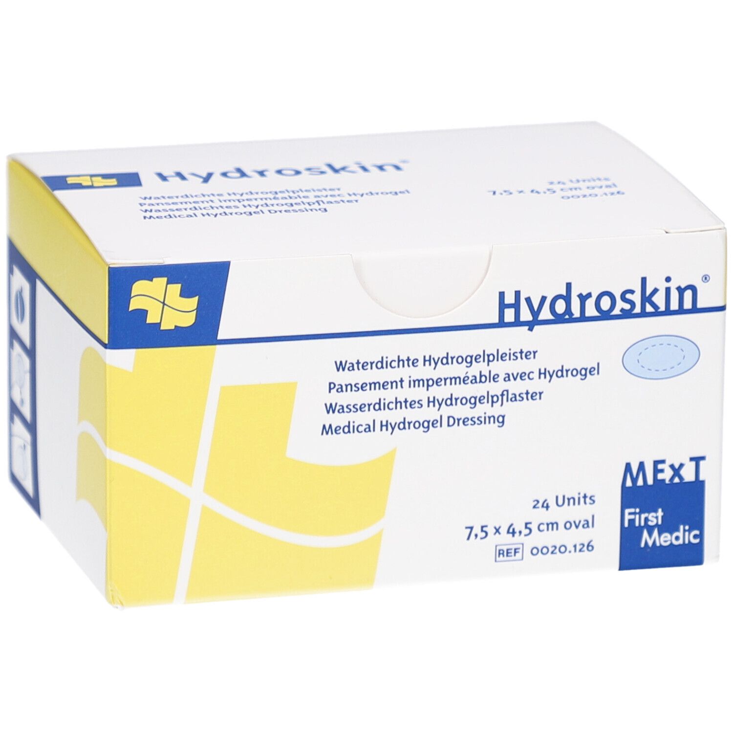 Boîte blanche Hydroskin. Contient 24 pansements ovales 7,5 x 4,5 cm. Inscriptions en plusieurs langues. Marque MExT.