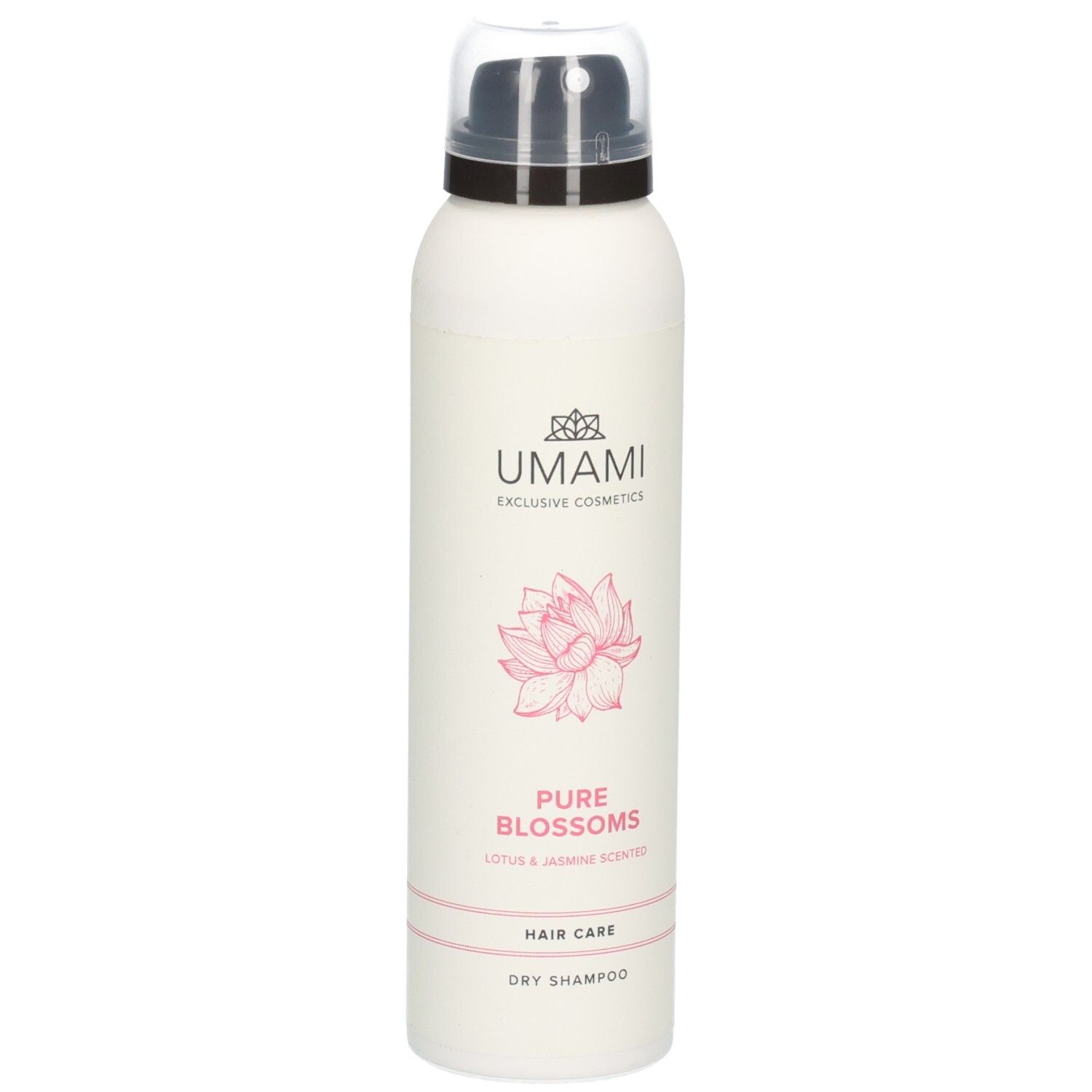 Aérosol blanc avec logo UMAMI, inscription "Pure Blossoms" et fleur de lotus rose. Soin capillaire, shampoing sec.