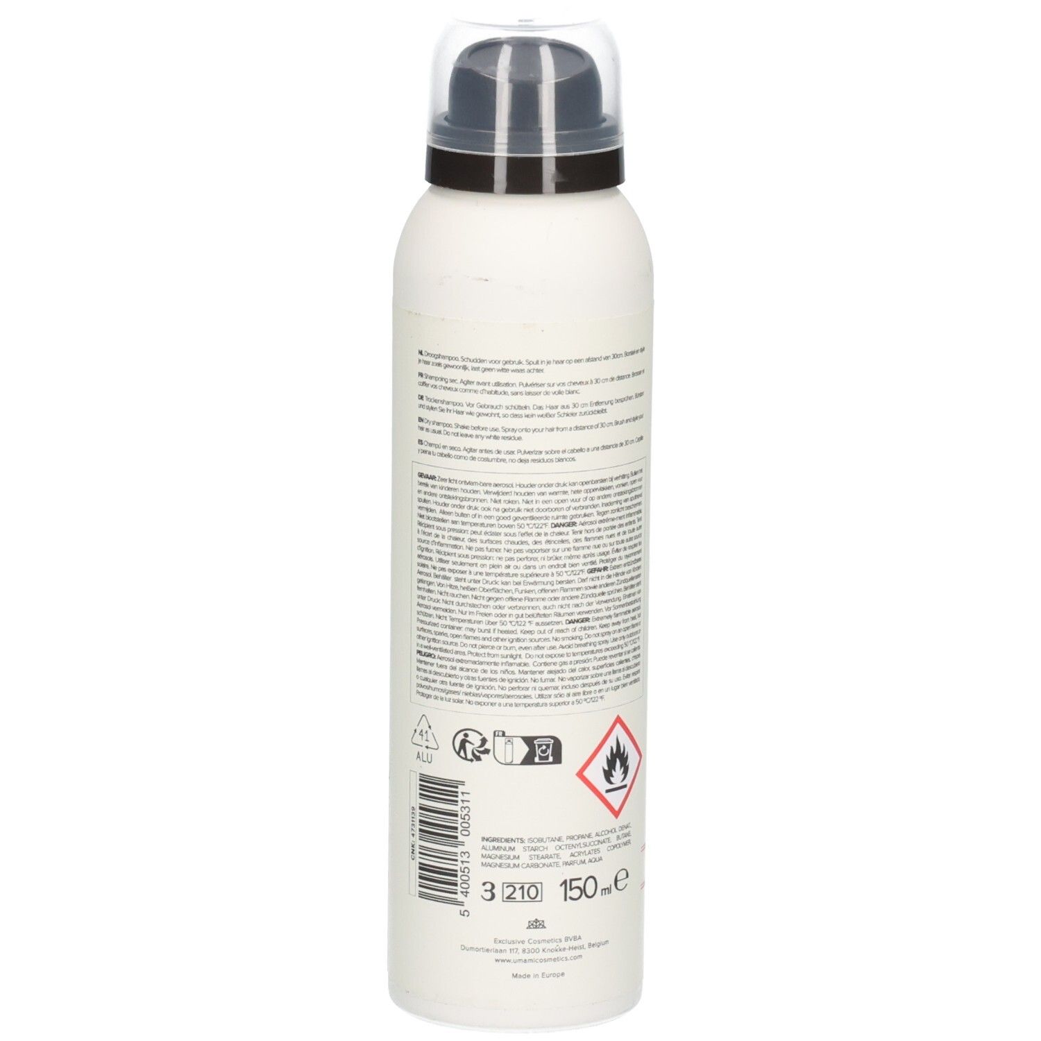 Aérosol blanc avec tête de pulvérisation noire et capuchon transparent. Contient 150 ml. Symbole d'inflammabilité.