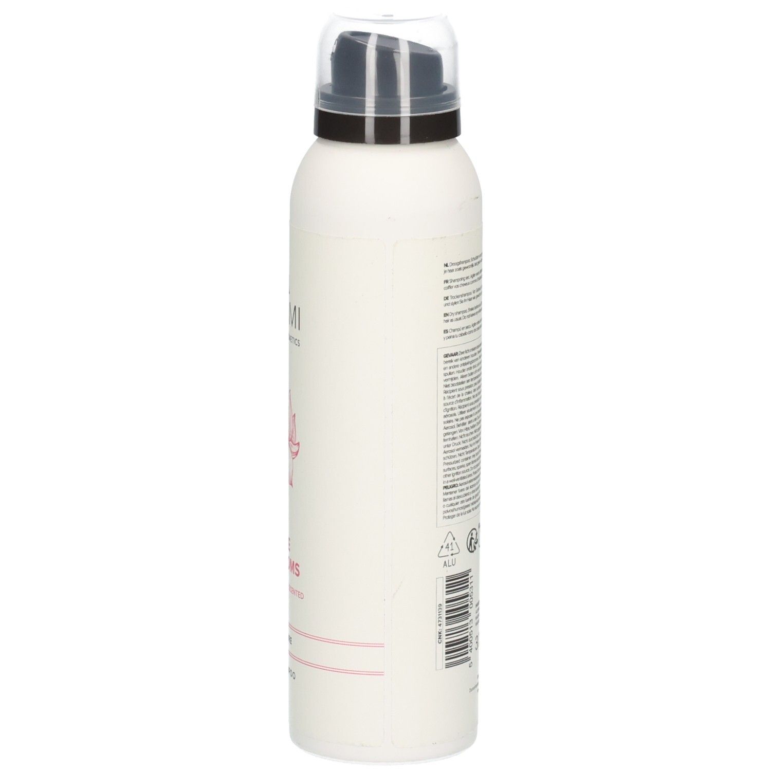 Bouteille aérosol blanche avec distributeur à pompe et capuchon transparent. Texte visible sur la bouteille.