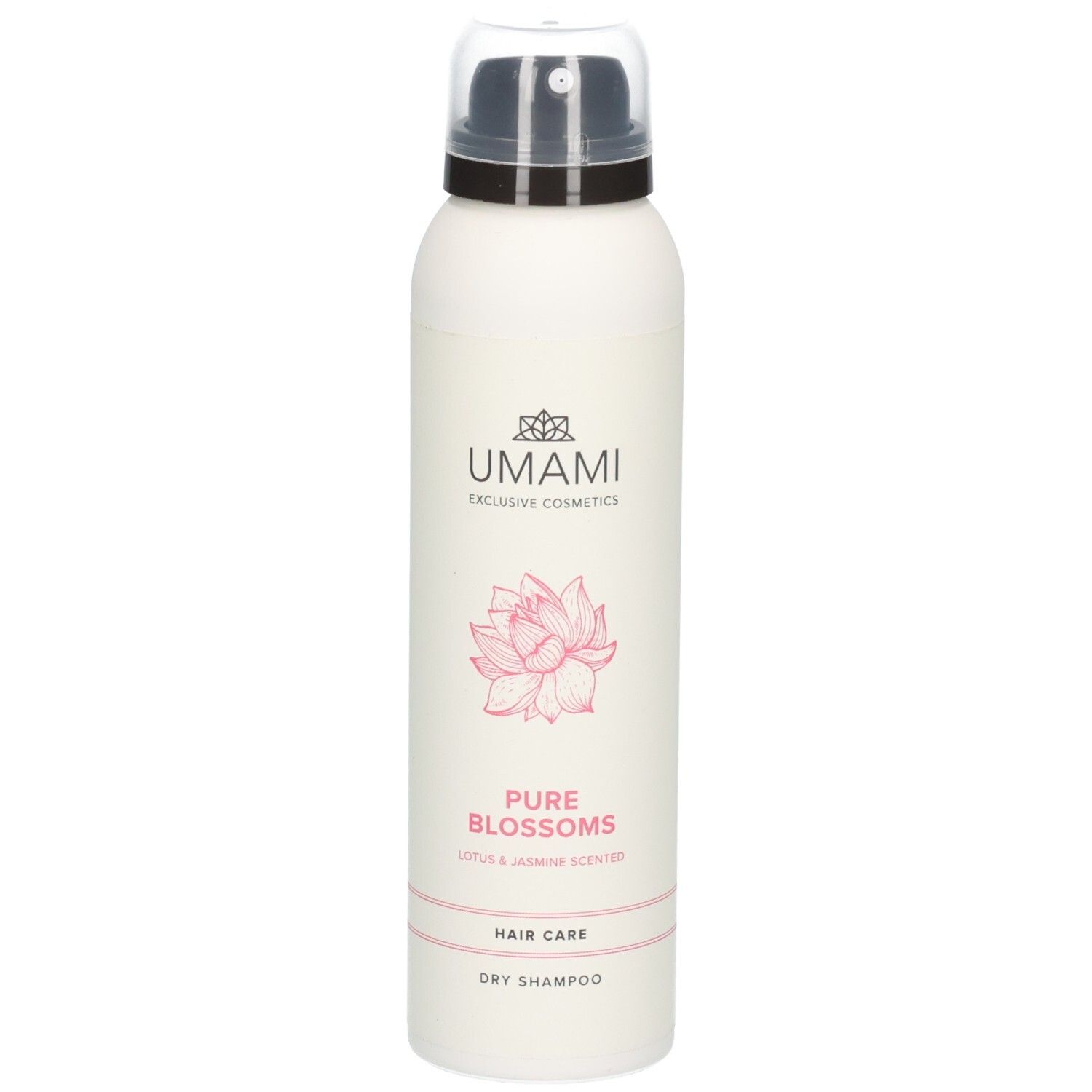 Aérosol blanc avec logo UMAMI, une fleur de lotus et l'inscription "Pure Blossoms Dry Shampoo".