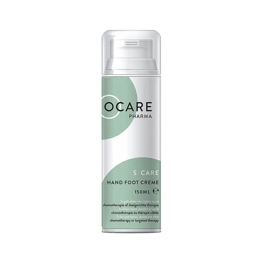 Flacon blanc avec logo Ocare Pharma et texte. S Care Crème Mains & Pieds, 150ml. Pour patients en chimiothérapie.