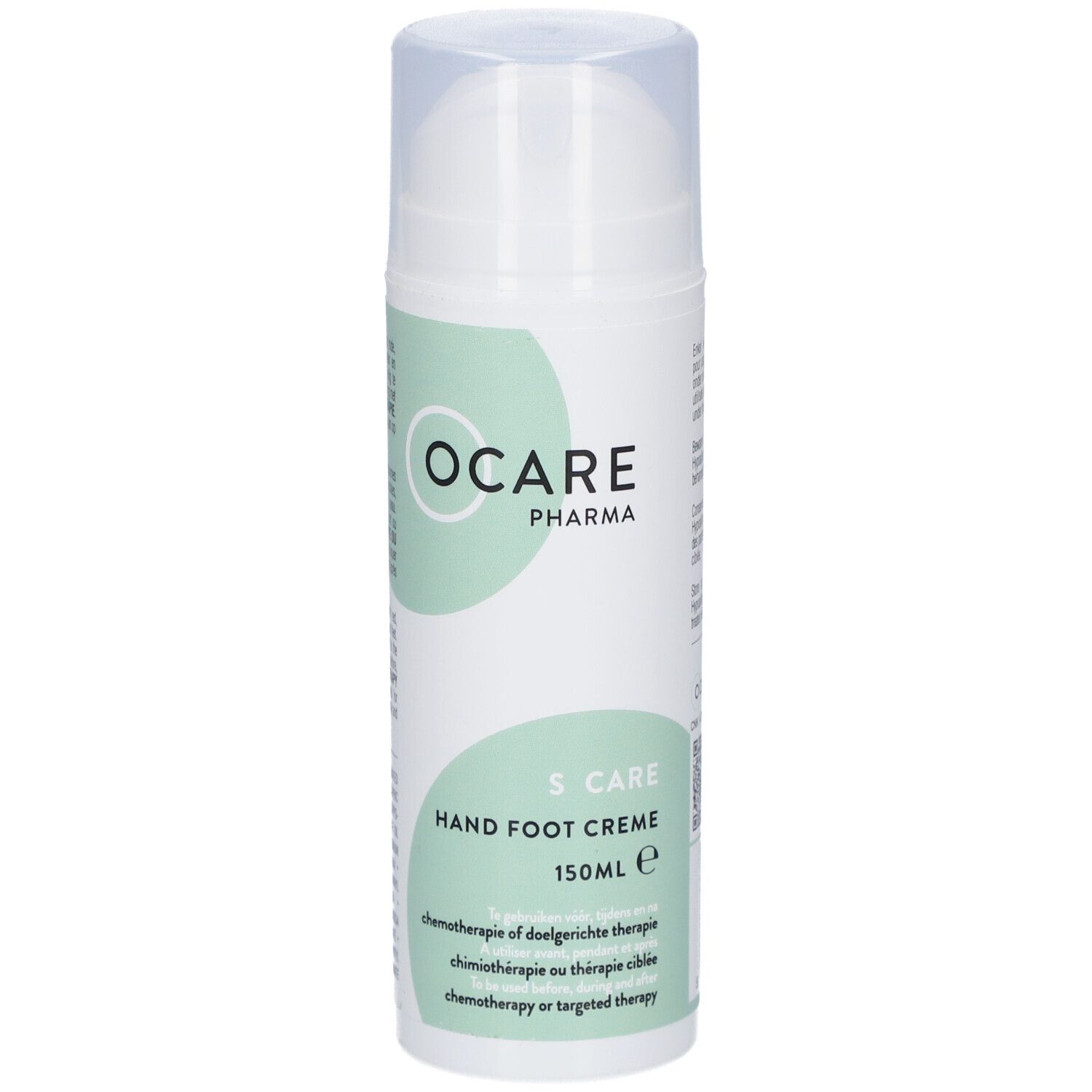 Flacon blanc avec logo Ocare Pharma et texte. S Care Crème Mains & Pieds, 150ml. Pour patients en chimiothérapie.