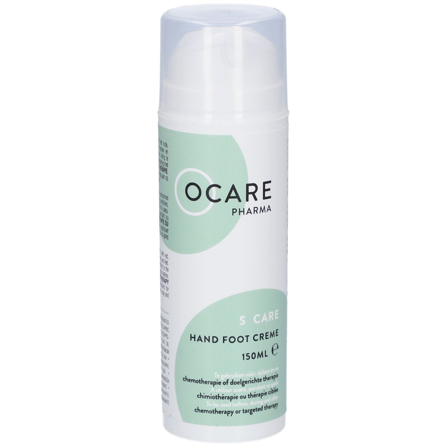 Flacon blanc avec logo Ocare Pharma et texte. S Care Crème Mains & Pieds, 150ml. Pour patients en chimiothérapie.