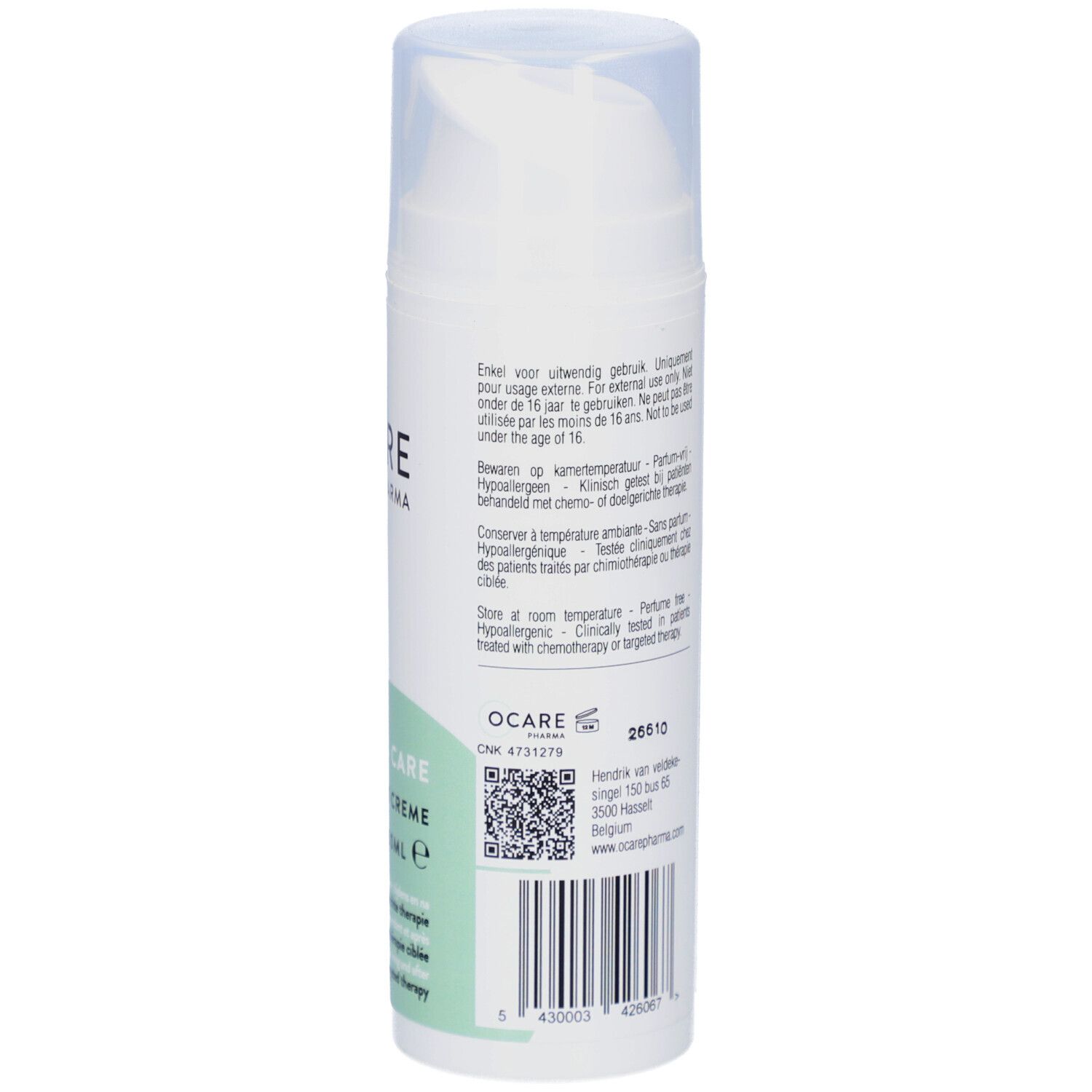 Flacon blanc avec logo Ocare Pharma et texte. S Care Crème Mains & Pieds, 150ml. Pour patients en chimiothérapie.