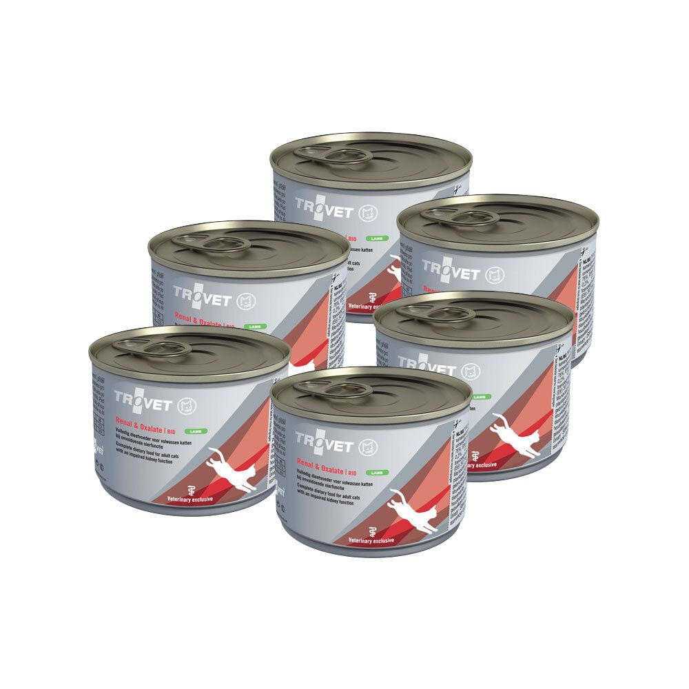 Six boîtes de nourriture pour animaux. Visibles : couvercles, étiquettes, logo. Inscription : Trovet, Renal & Oxalate, Chat Agneau.