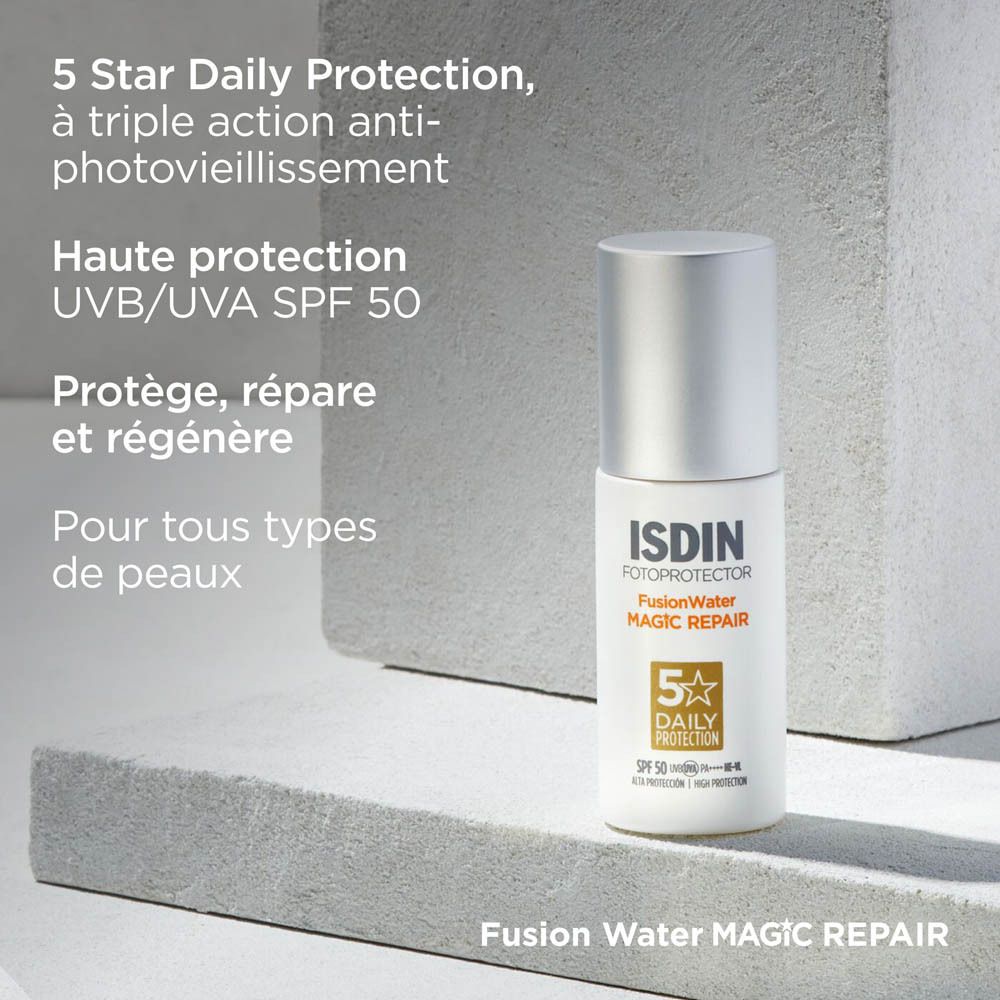 ISDIN Fotoprotector Fusion Water Magic Repair SPF50. Texte : 5 Star Daily Protection, action anti-âge triple.