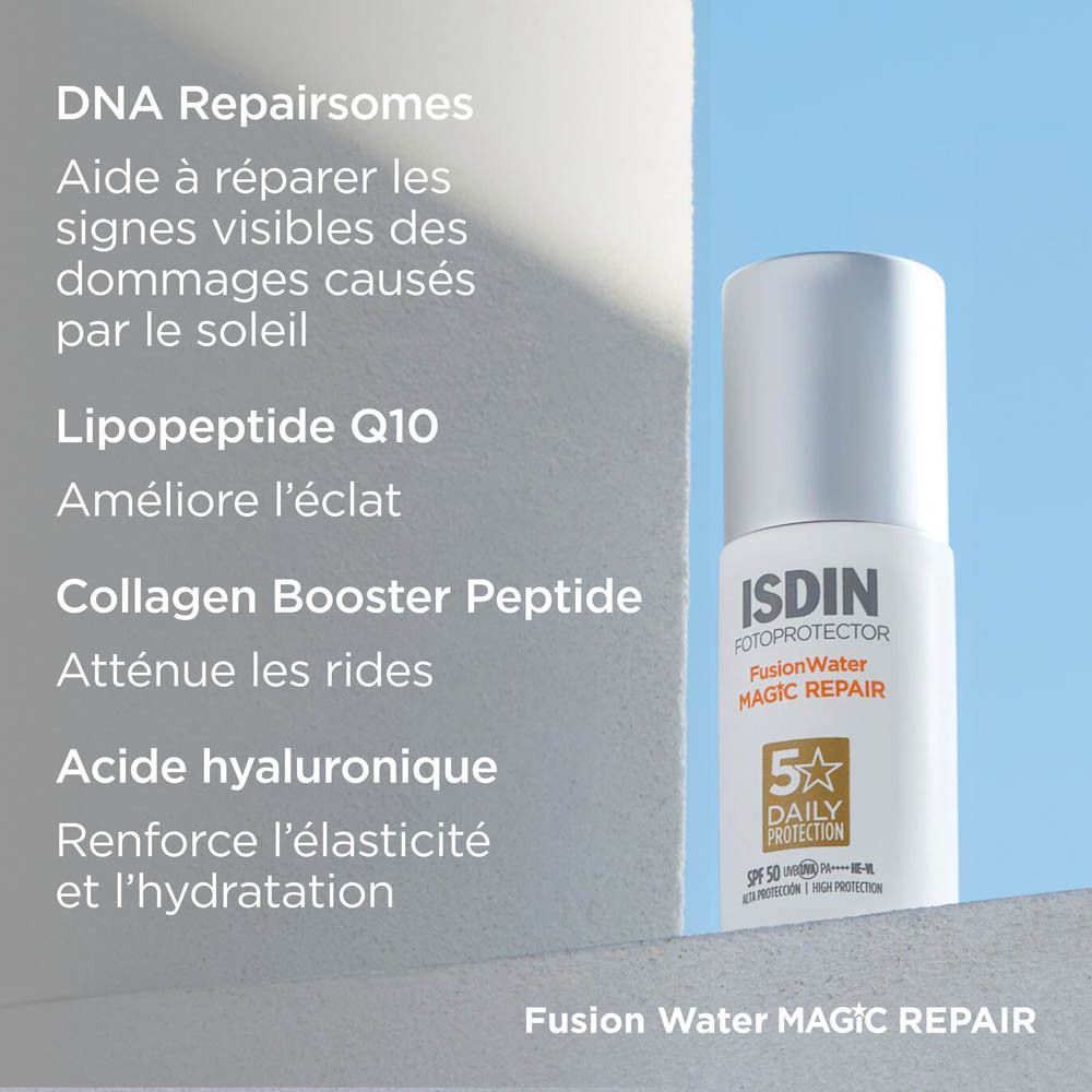 ISDIN Fotoprotector Fusion Water Magic Repair SPF50. Flacon avec pompe. Texte : Réparation ADN, acide hyaluronique.