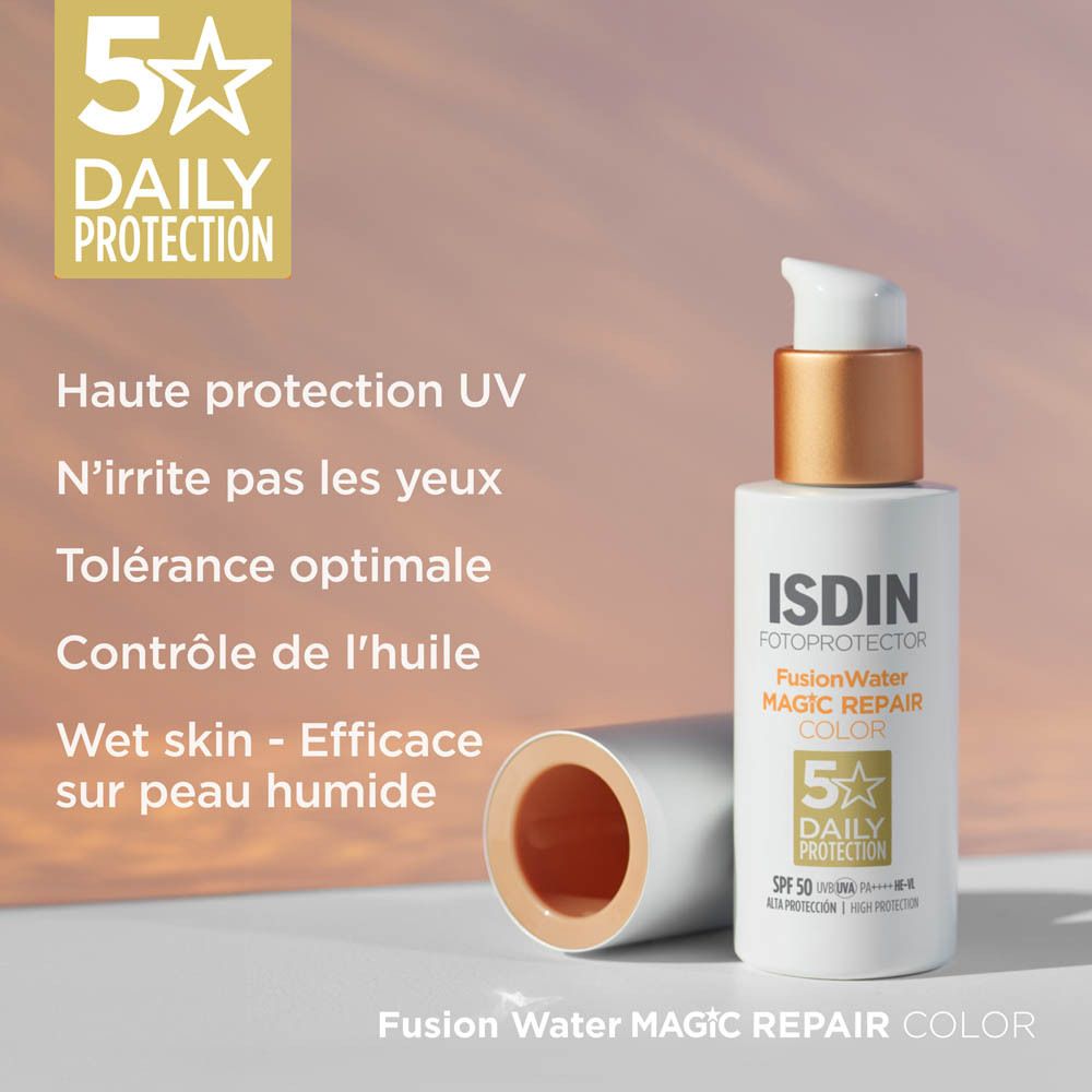 Produit avec texte. Inscription: ISDIN Fotoprotector Fusion Water Magic Repair Color SPF50.