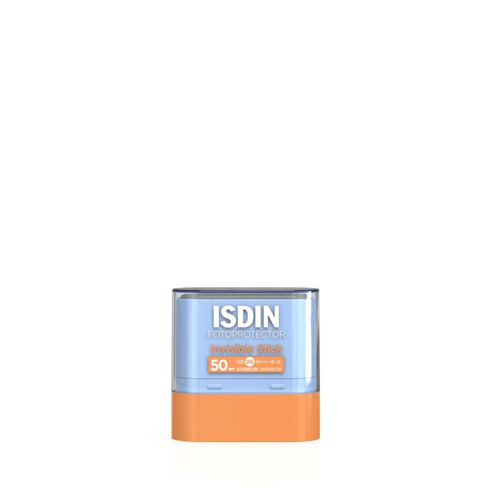 Stick solaire SPF 50. Emballage bleu et orange. Nom du produit et facteur de protection.