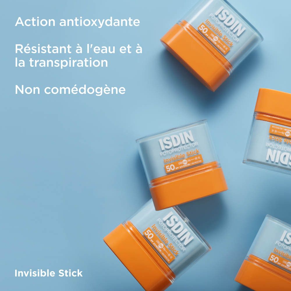 Plusieurs sticks solaires. Texte : Action antioxydante. Résistant à l'eau et à la transpiration. Non comédogène.