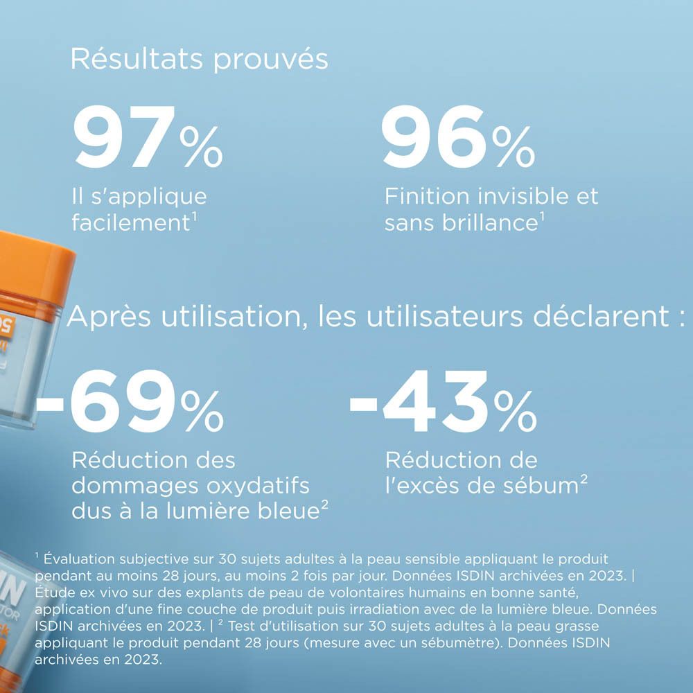 Texte : 97% Application facile. 96% Fini invisible. Réduction des dommages dus à la lumière bleue.