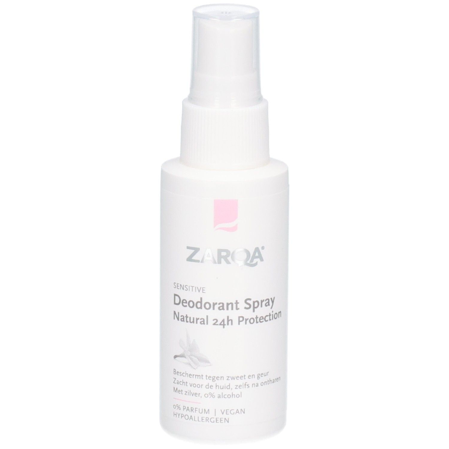 Zarqa Déodorant Spray Sensitive Natural 24h Protection. Flacon spray blanc avec logo rose et inscription.