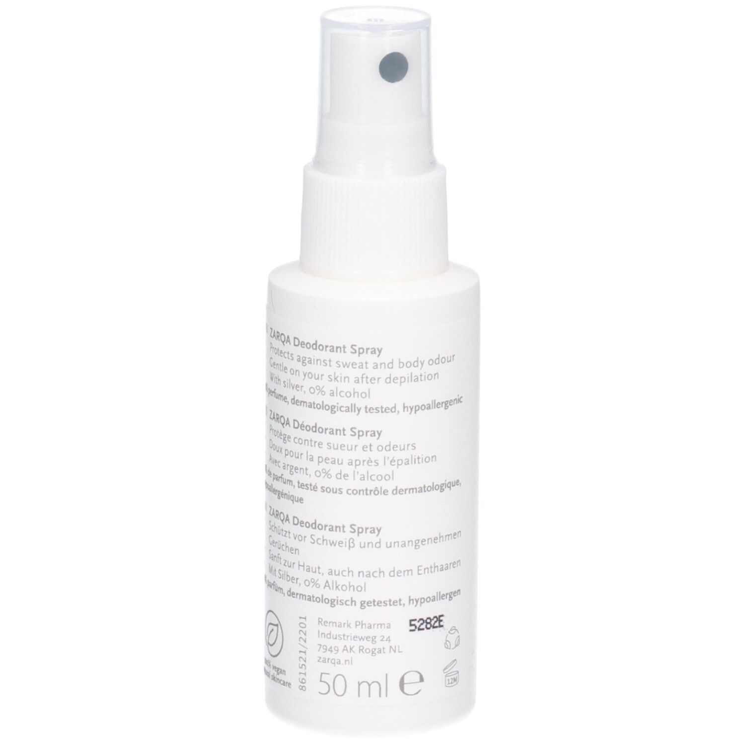 Flacon spray blanc de 50 ml de déodorant. Testé dermatologiquement, hypoallergénique, 0% alcool.