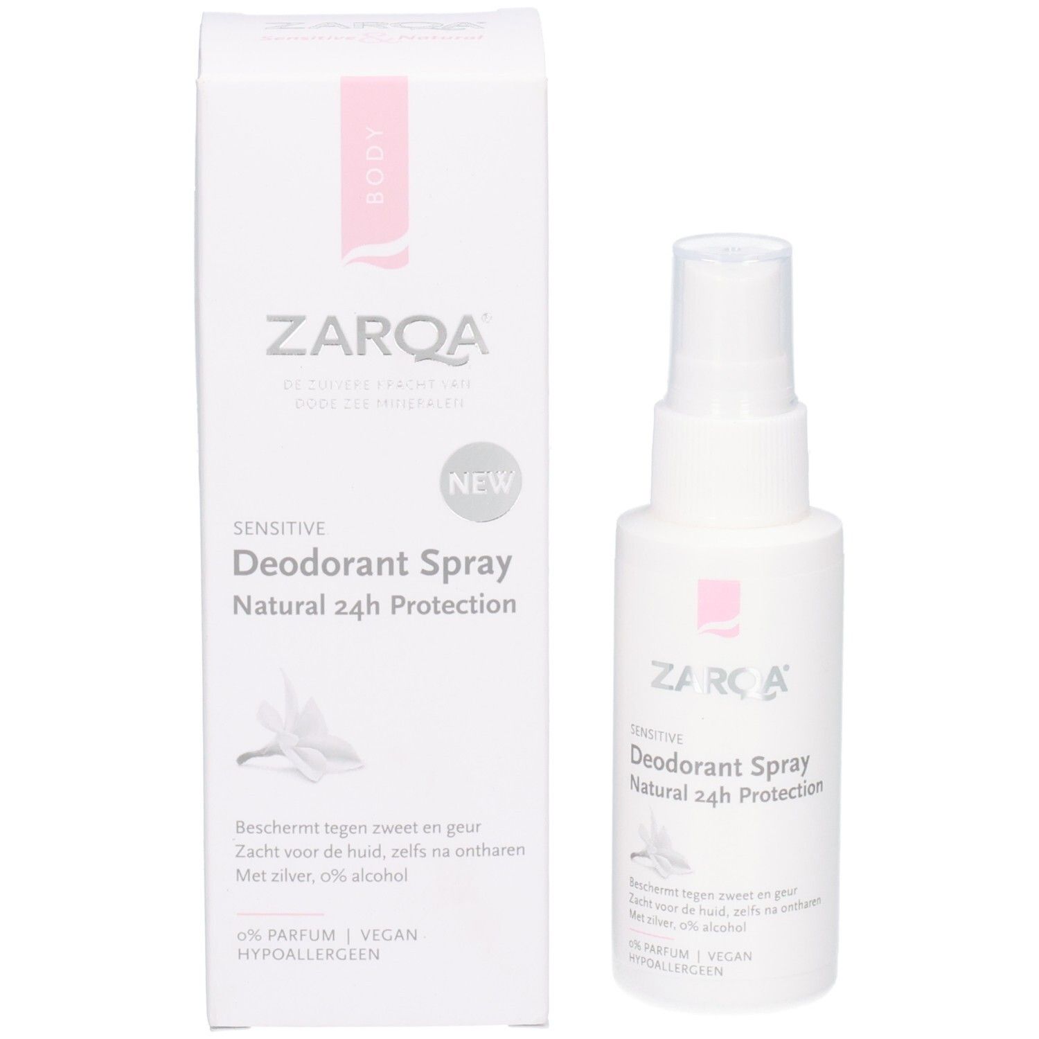 Zarqa Déodorant Spray Sensitive, protection 24h. Flacon spray blanc avec boîte. 0% parfum, vegan, hypoallergénique.