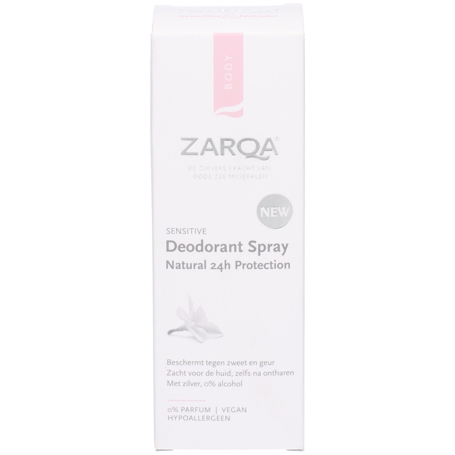 Zarqa Déodorant Spray Sensitive Natural 24h Protection. Boîte blanche avec accents roses. Hypoallergénique, vegan, 0% parfum.