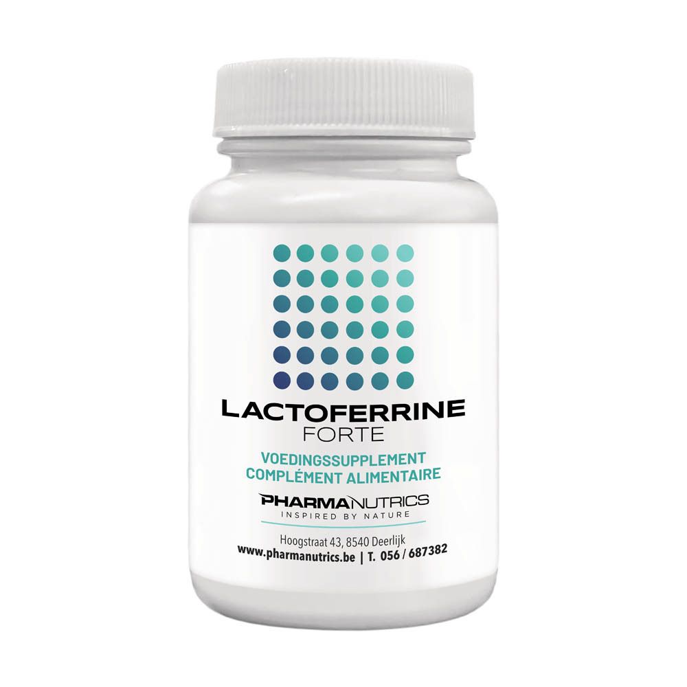 Flacon blanc de gélules. Inscription: Lactoferrine Forte, 30 V-capsules, PharmaNutrics.