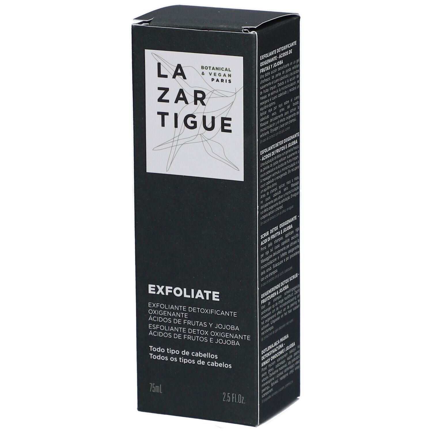 Boîte noire avec logo blanc et texte. "EXFOLIATE" et informations produit multilingues. 75ml et 2.5 fl.oz. Inscription "Tous types de cheveux".