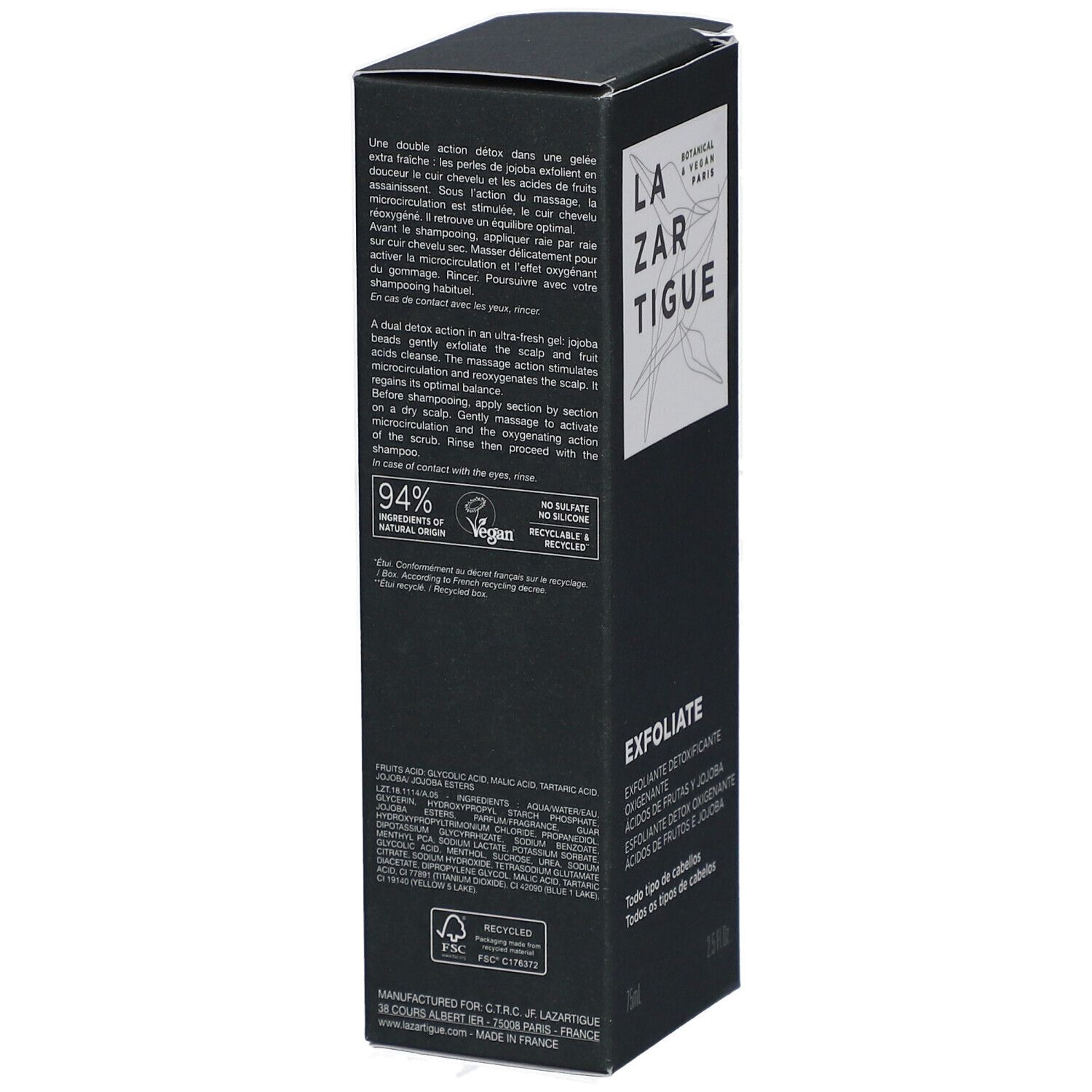 Dos de la boîte noire. Texte multilingue, incluant ingrédients, consignes de recyclage et certifications. Logo "94% d'origine naturelle".