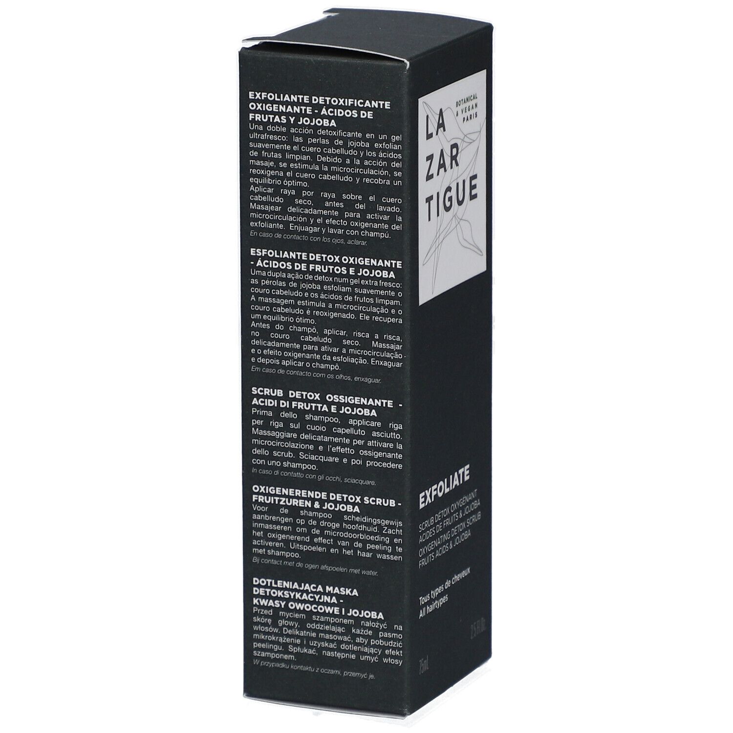 Boîte noire avec logo blanc et texte. "EXFOLIATE" et informations produit multilingues. 75ml et 2.5 fl.oz. Inscription "Tous types de cheveux".