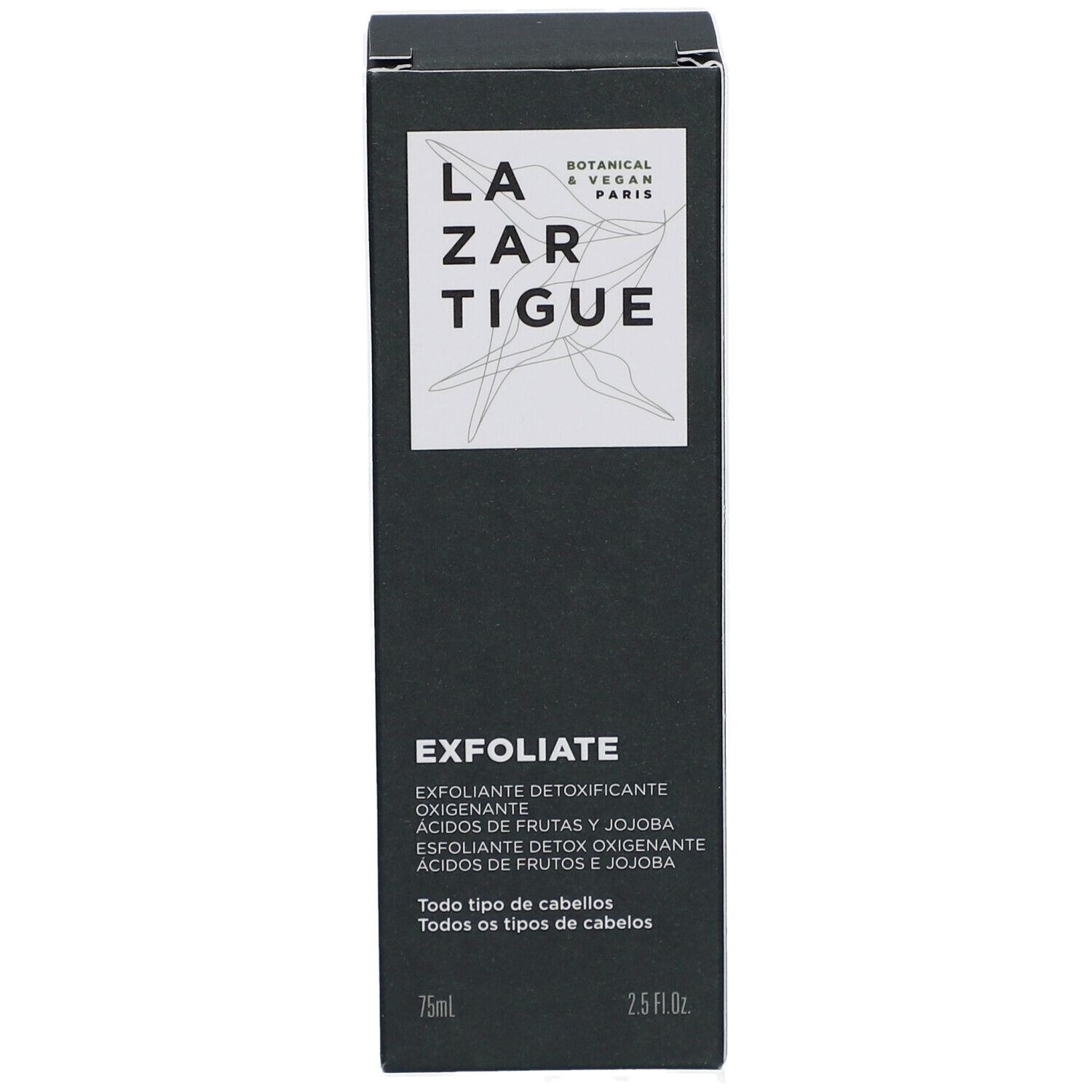 Boîte noire avec logo blanc et texte. "EXFOLIATE" et informations produit multilingues. 75ml et 2.5 fl.oz. Inscription "Tous types de cheveux".
