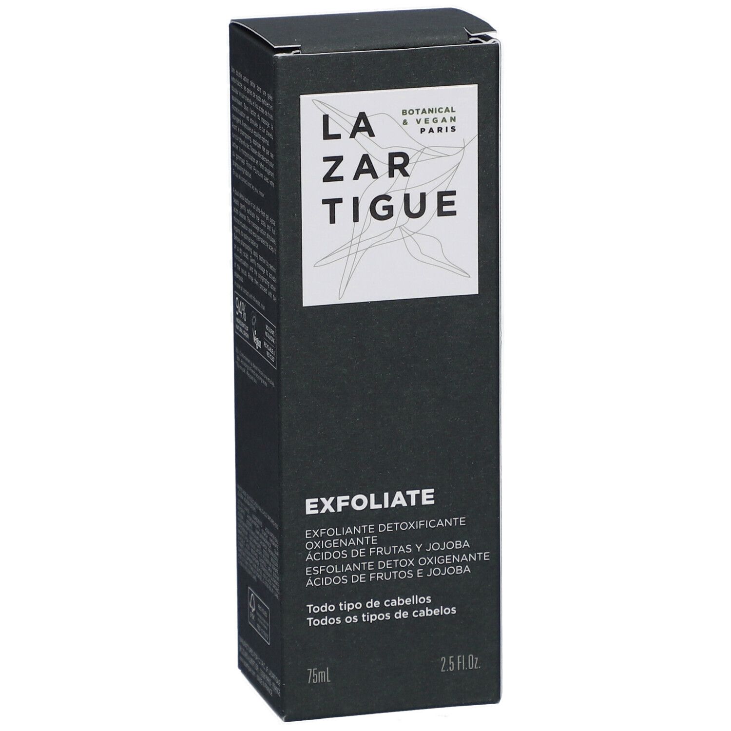 Boîte noire avec logo blanc et texte. "EXFOLIATE" et informations produit multilingues. 75ml et 2.5 fl.oz. Inscription "Tous types de cheveux".