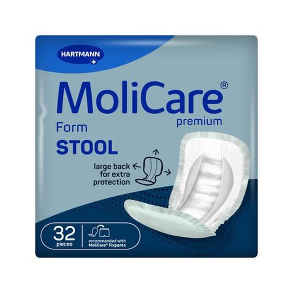 Hartmann MoliCare Premium Form Stool, 32 pièces. Emballage avec image et nom du produit. Dos large pour protection.