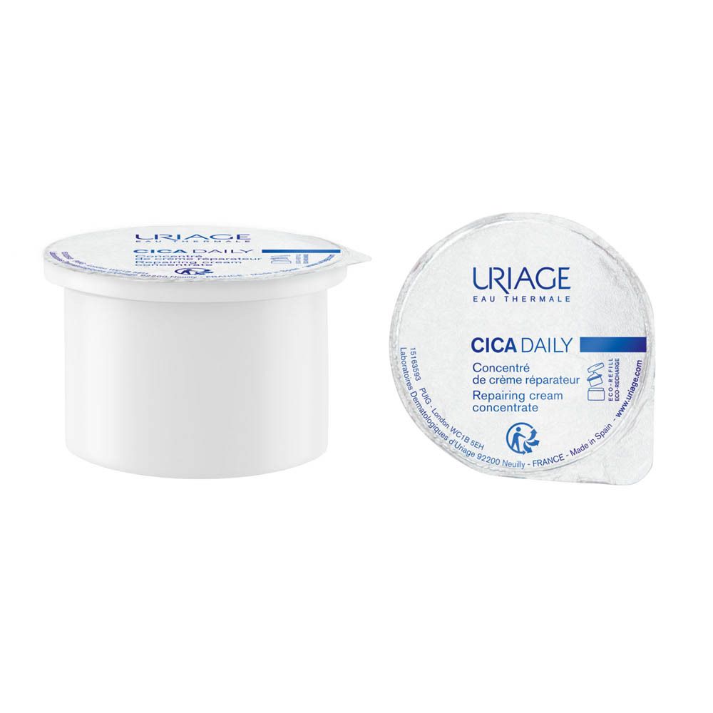 Recharge Uriage CICA Daily. Emballage blanc. Texte et logo. Crème réparatrice.