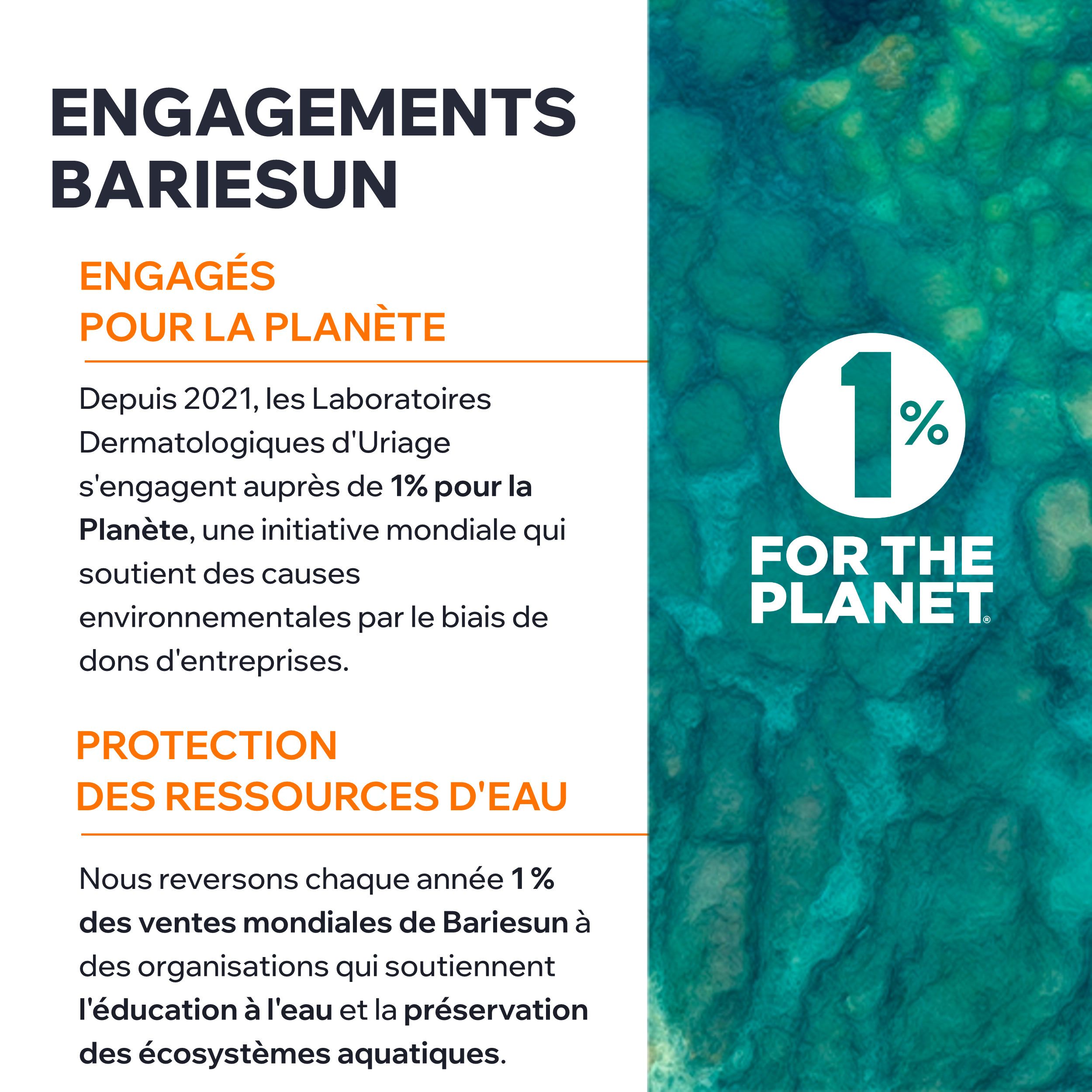 Uriage Bariésun Eau Solaire Fraîche SPF50+ spray. Texte et logos. Fond blanc. Informations sur l'environnement.