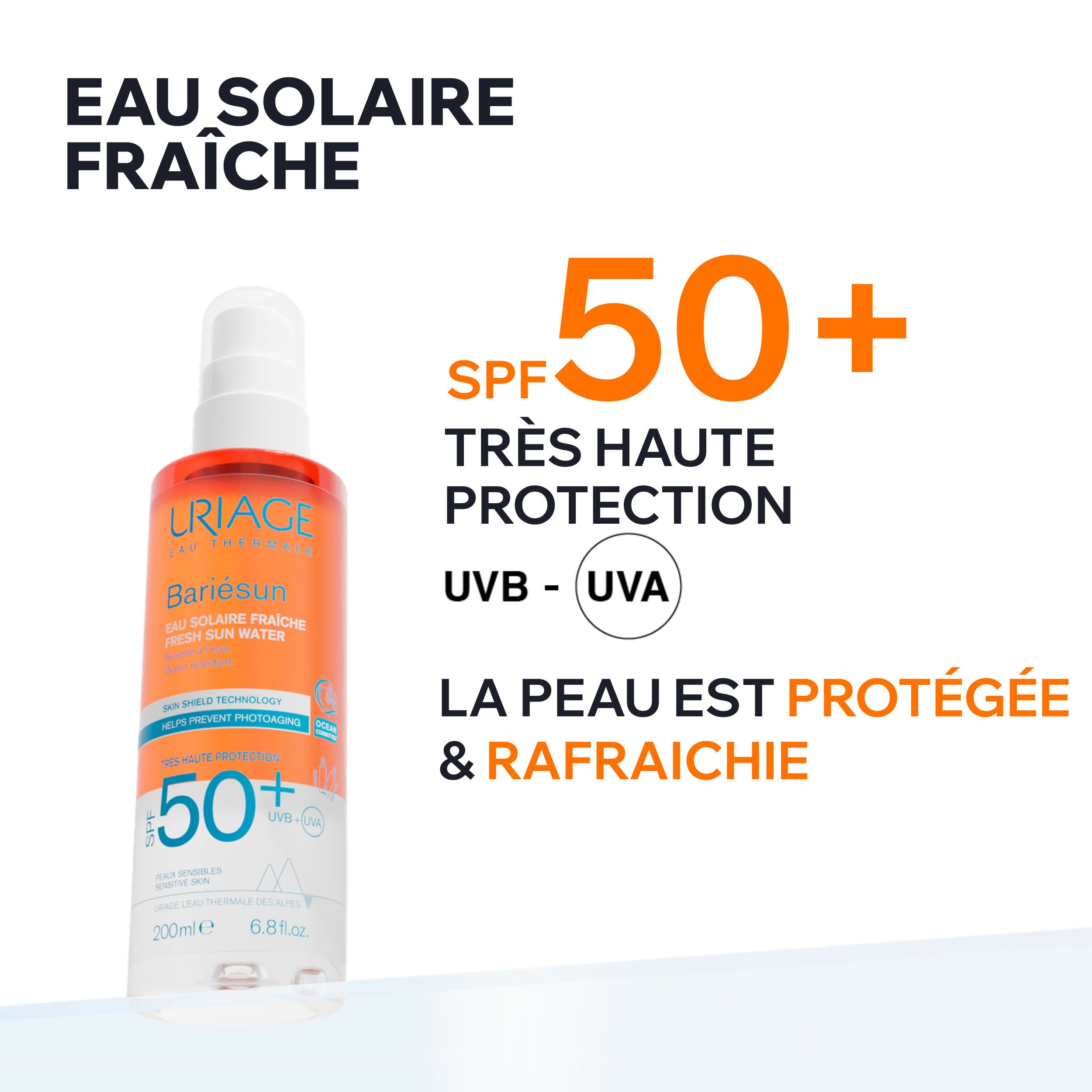 Uriage Bariésun Eau Solaire Fraîche SPF50+ spray. Texte et logos. Fond blanc. Avantages du produit.