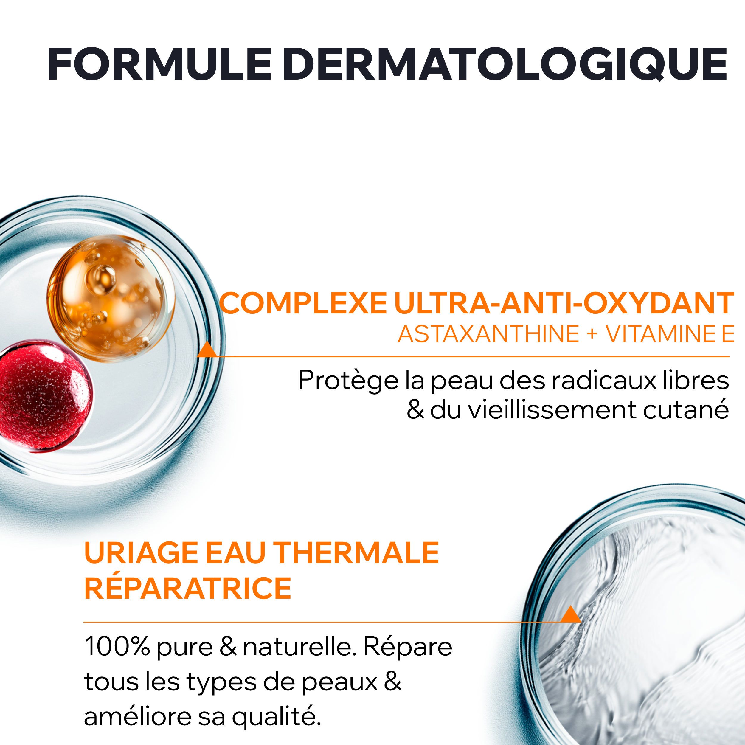 Uriage Bariésun Eau Solaire Fraîche SPF50+ spray. Gros plan sur les ingrédients. Récipients ronds. Fond bleu.