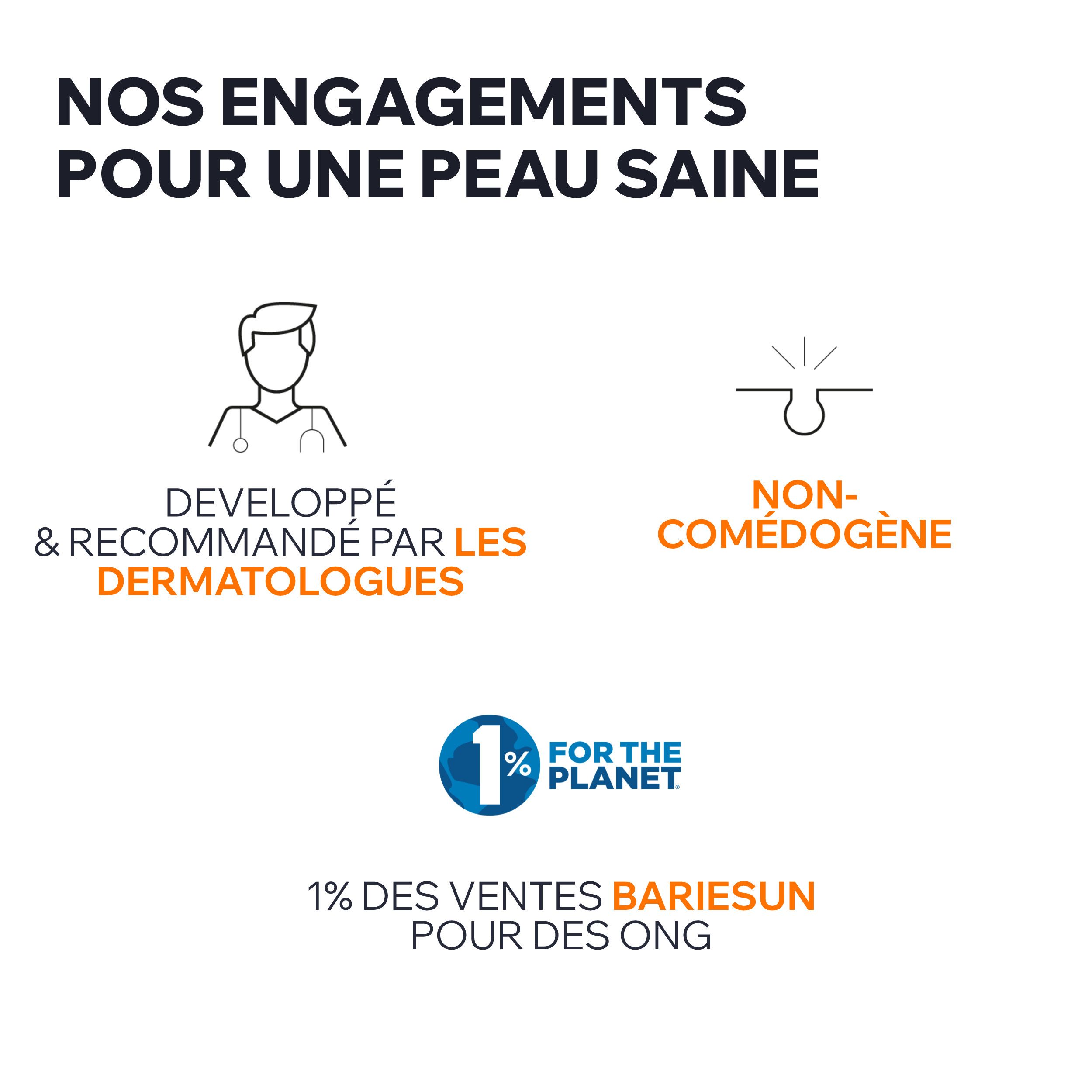 Uriage Bariésun Eau Solaire Fraîche SPF50+ spray. Logos et texte. Fond bleu. Recommandation dermatologique.