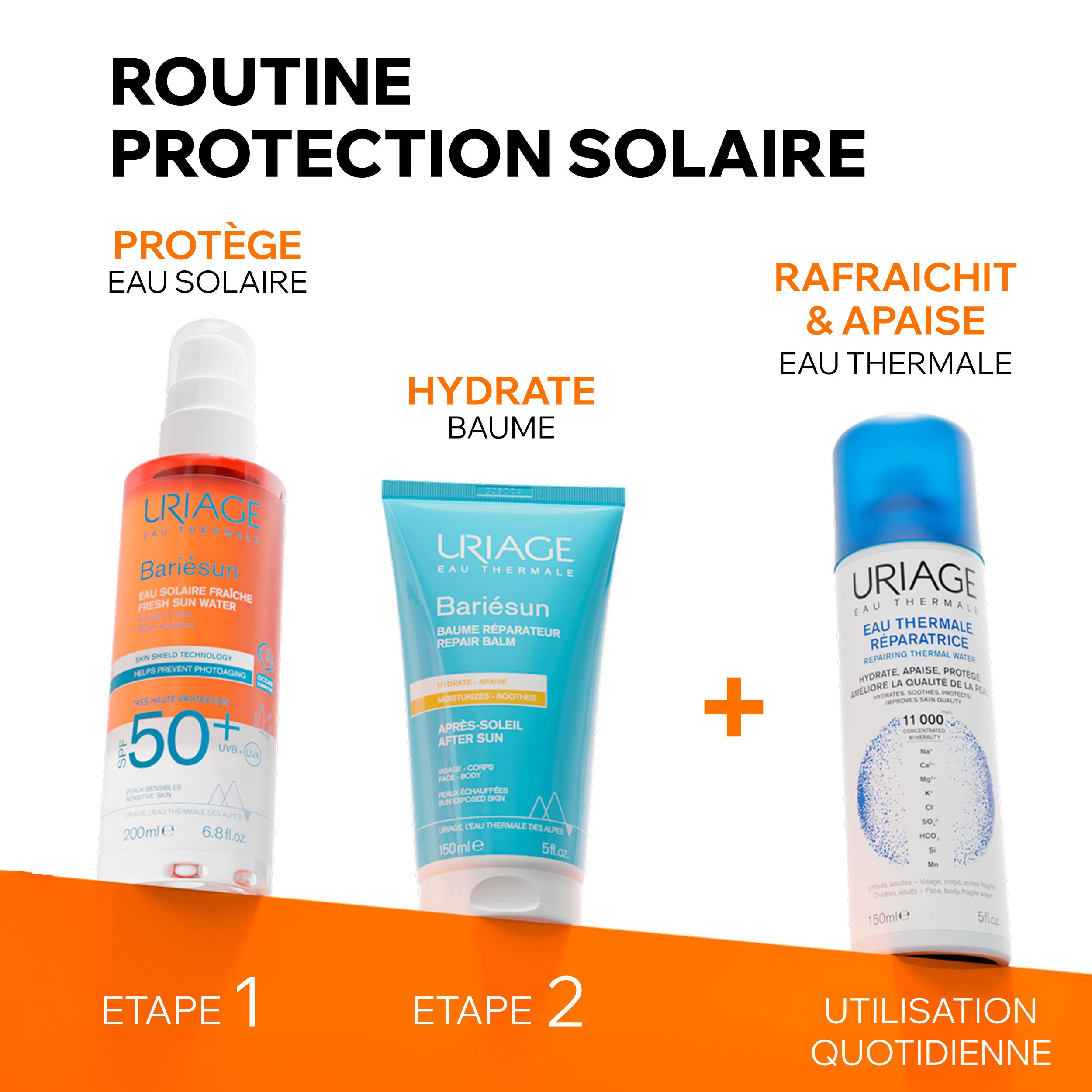 Uriage Bariésun Eau Solaire Fraîche SPF50+ spray. Application du produit. Mains secouant la bouteille. Fond bleu.