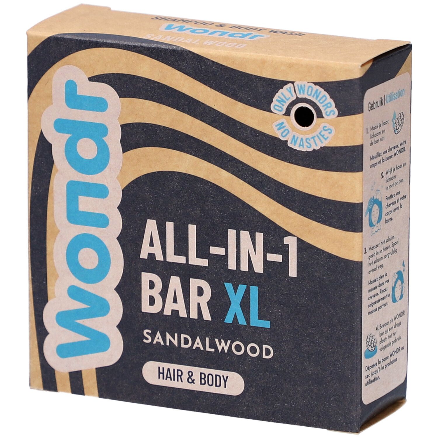 Boîte en carton avec informations produit. Inscription : Wondr, ALL-IN-1 BAR XL, Sandalwood, Hair & Body. Motif vagues.