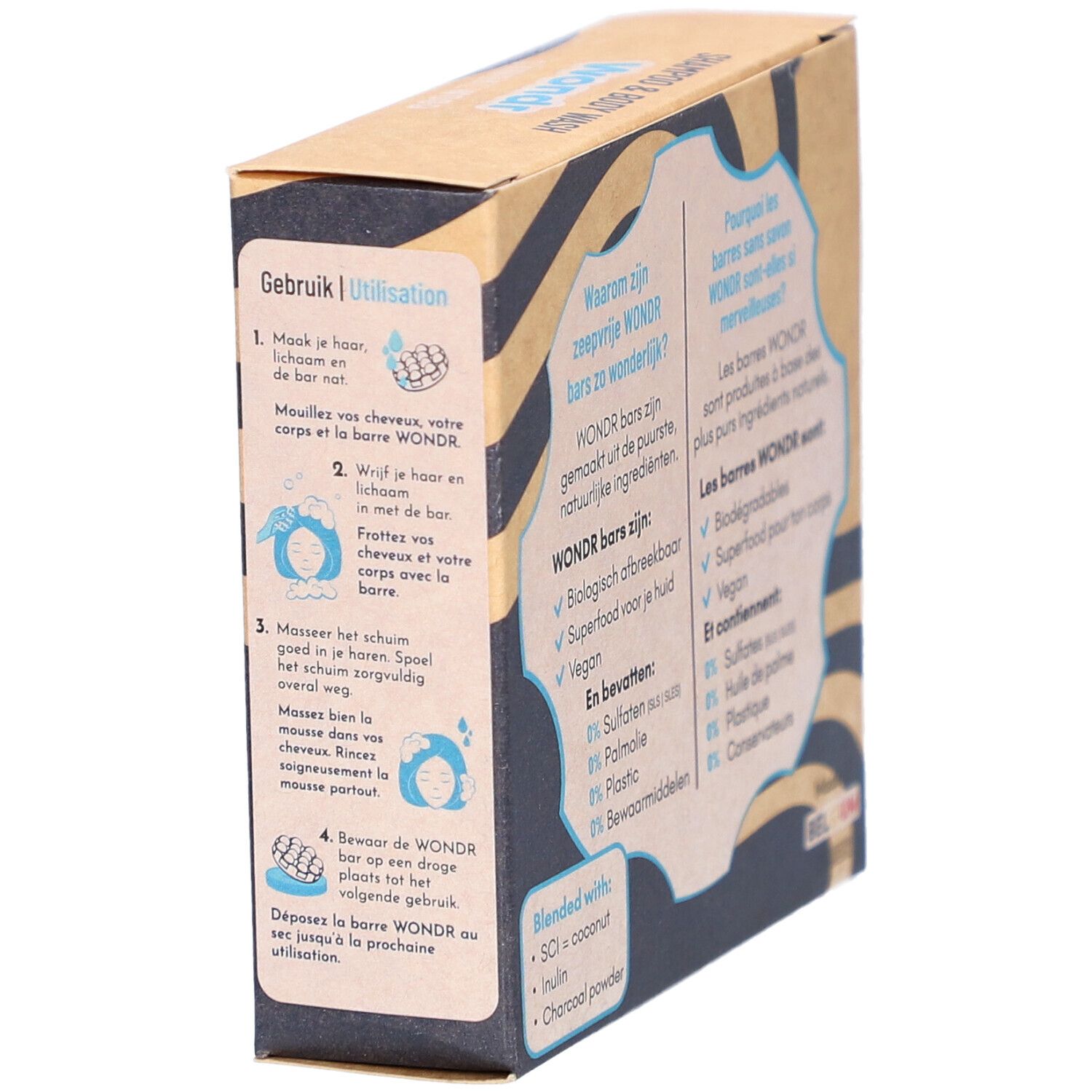 Boîte en carton, vue latérale. Texte en allemand et français. Contient des informations sur l'utilisation.