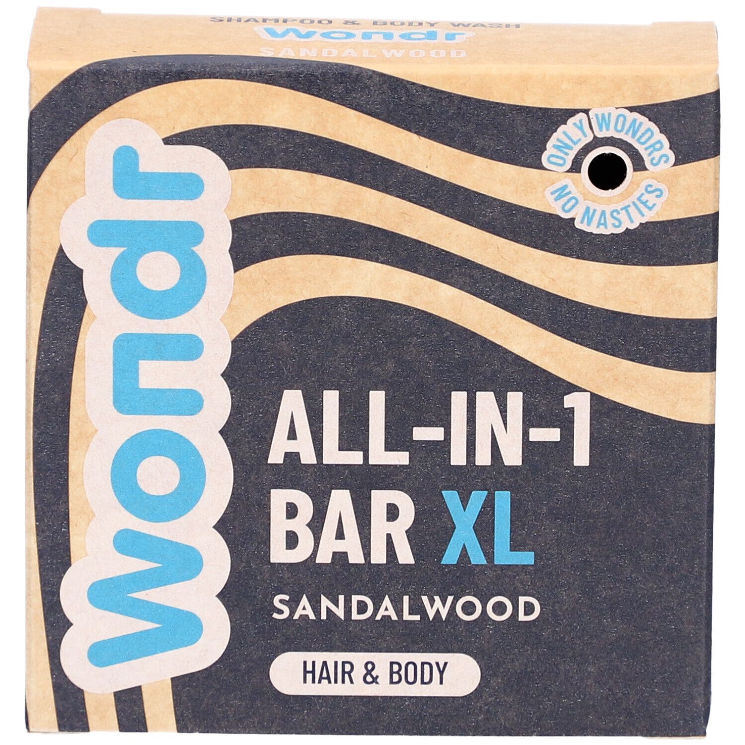 Boîte en carton. Inscription : Wondr, ALL-IN-1 BAR XL, Sandalwood, Hair & Body. Motif vagues et logo.