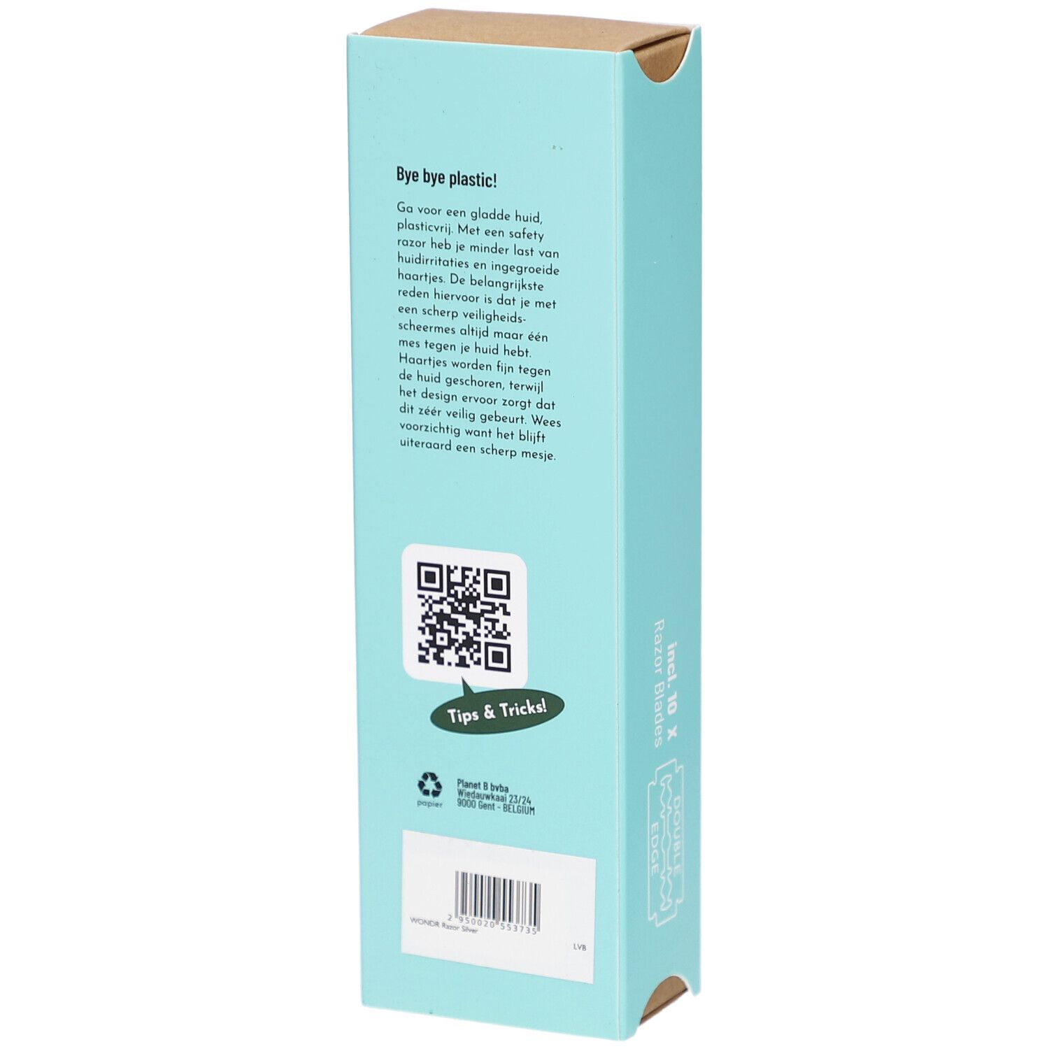 Dos de la boîte turquoise. Texte et code QR. "Tips & Tricks!" et symbole de recyclage.