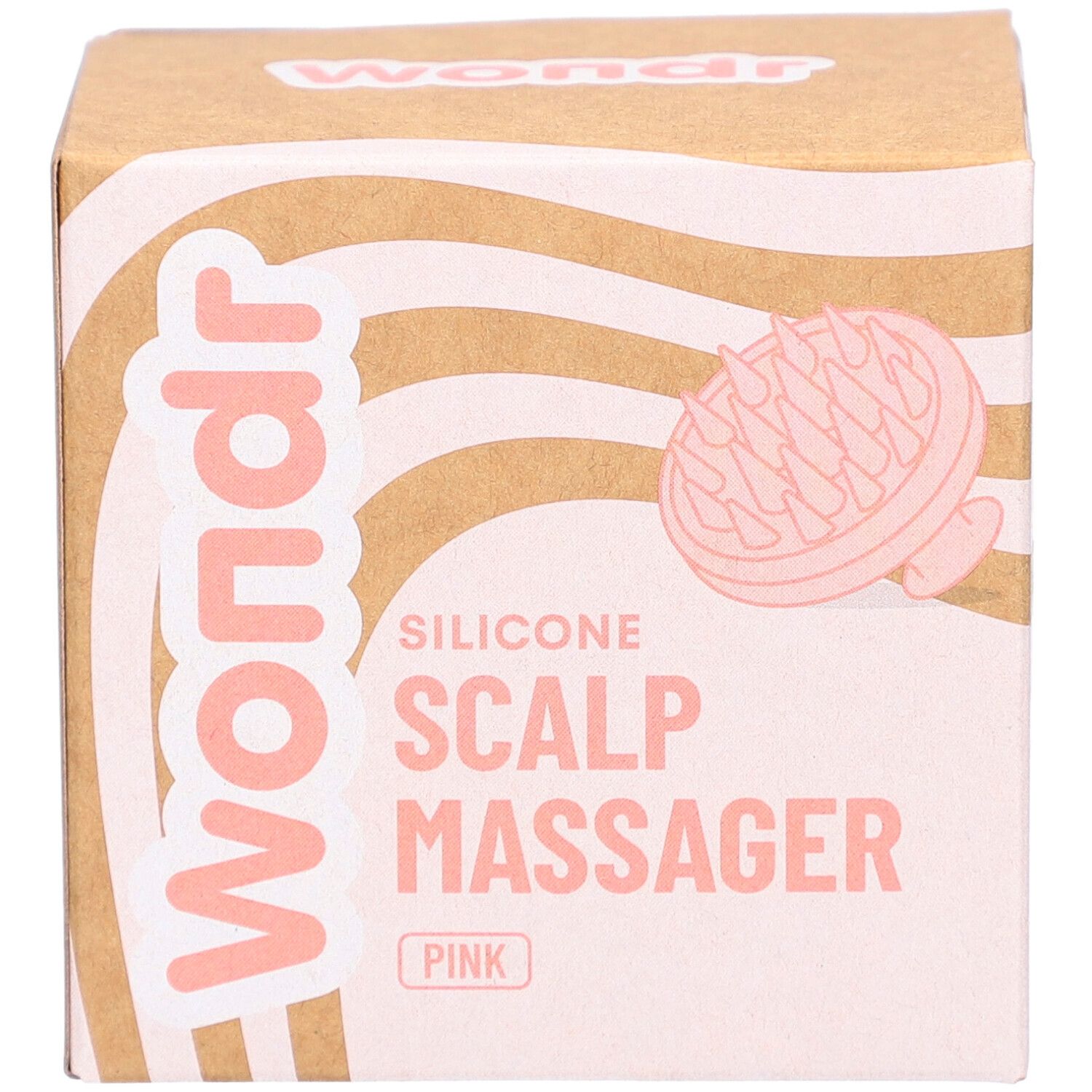Boîte en carton avec illustration du produit. Inscription : Wondr, Silicone Scalp Massager Pink.